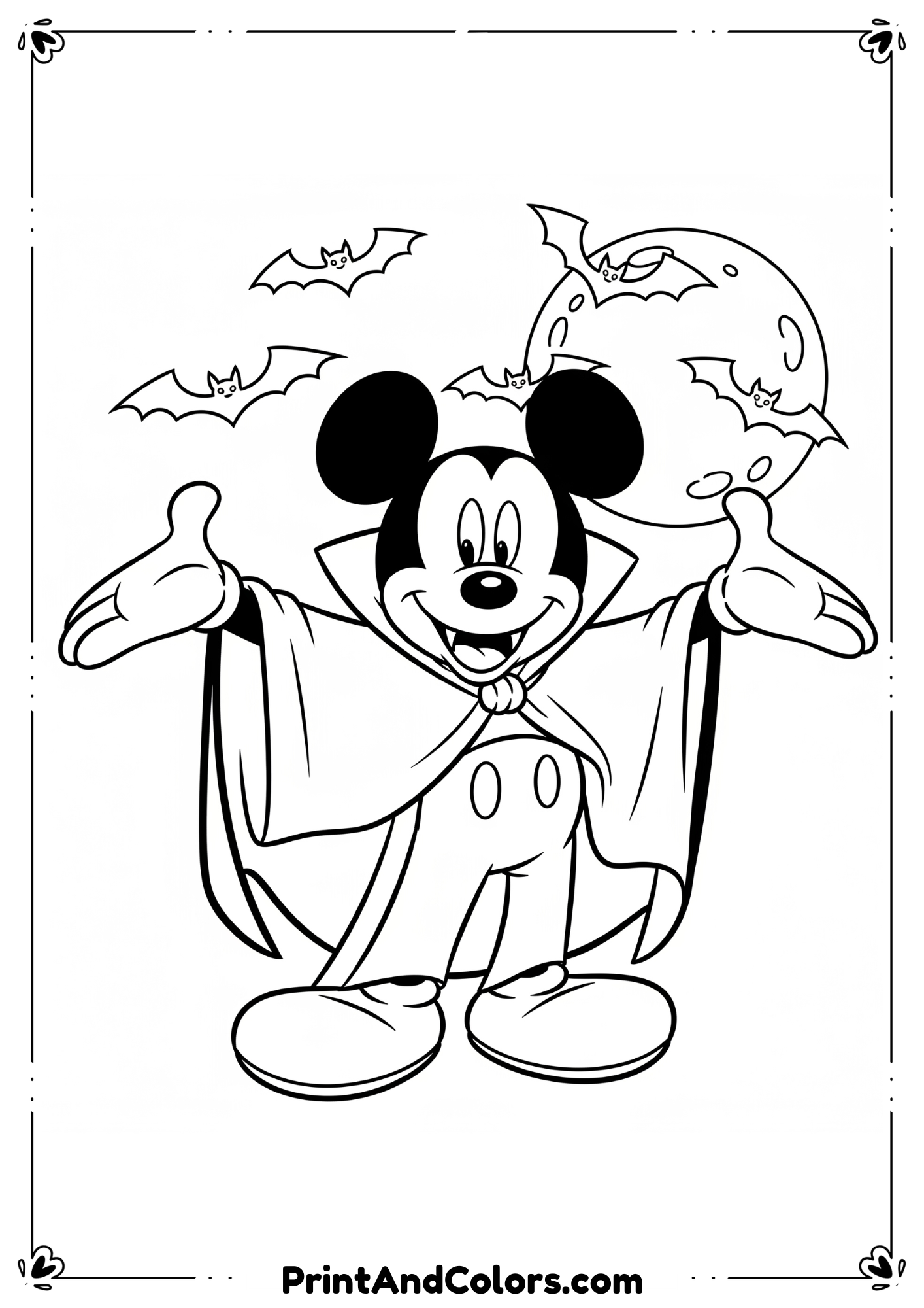 Mickey Mouse dressed as a vampire with cape and bats flying around him in line art.