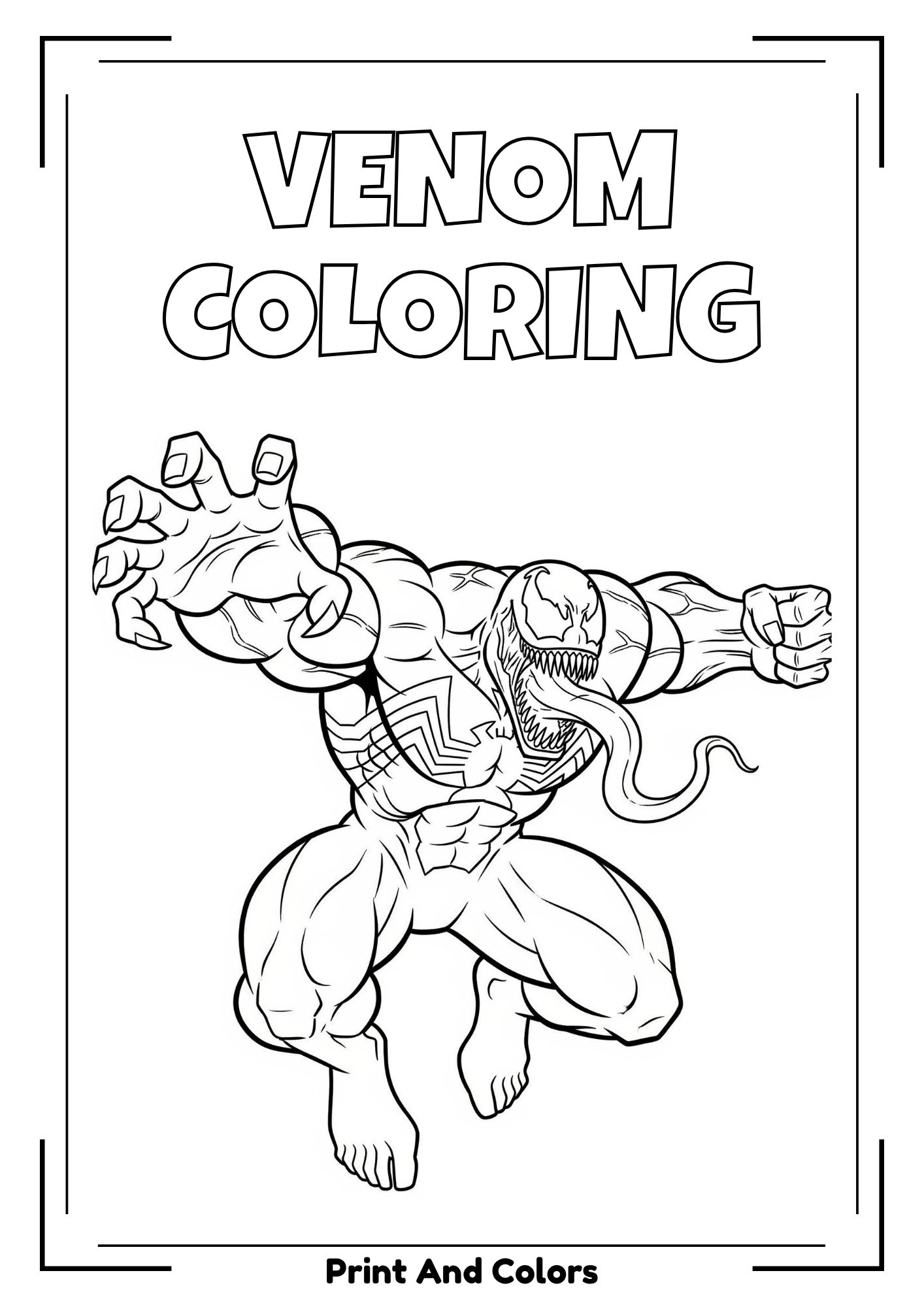 Venom coloring pages with action leaps, monstrous grin, and powerful comic-style poses