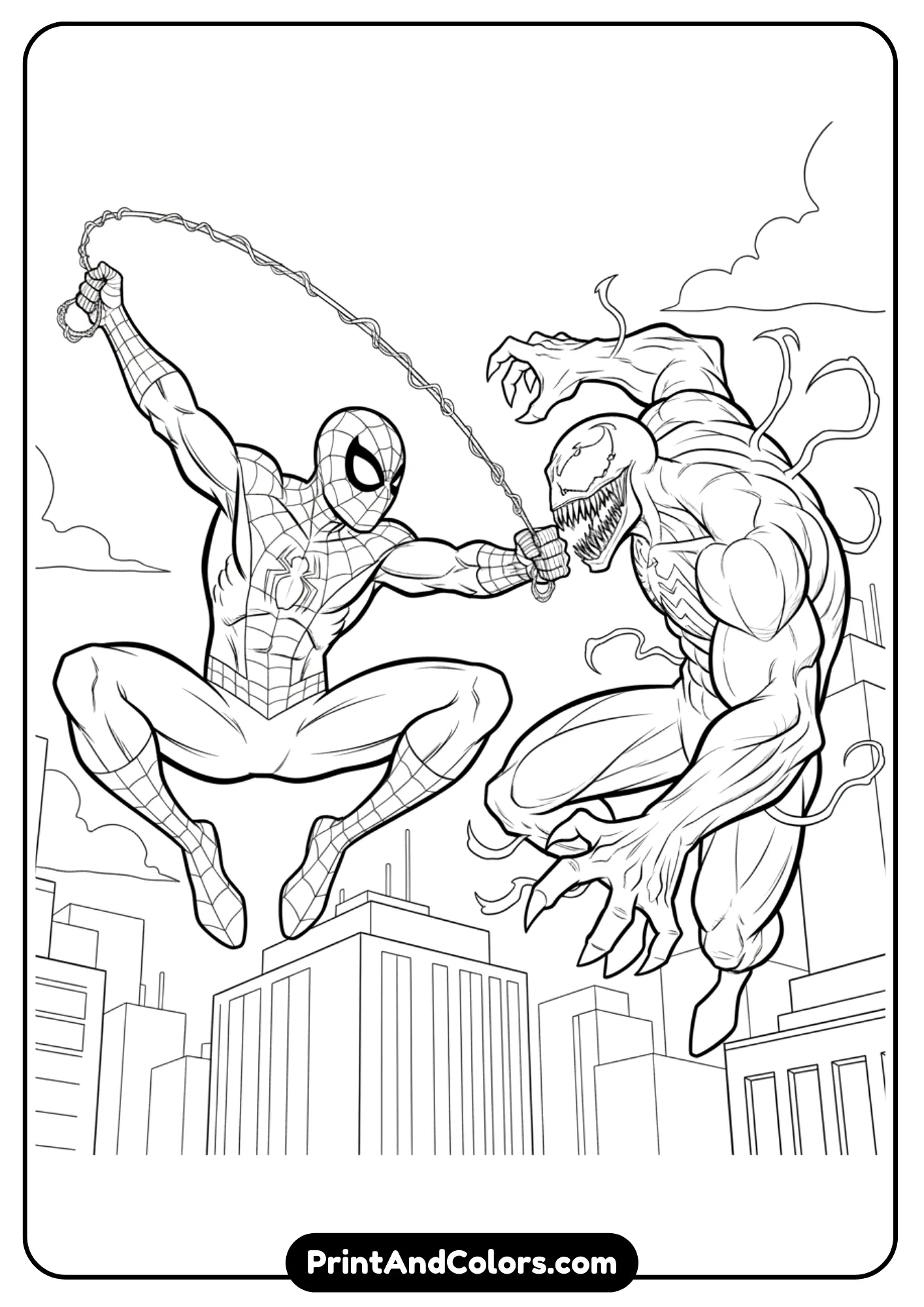 Action scene in line art showing Spider-Man and Venom fighting mid-air, Spider-Man swinging web while Venom lunges.