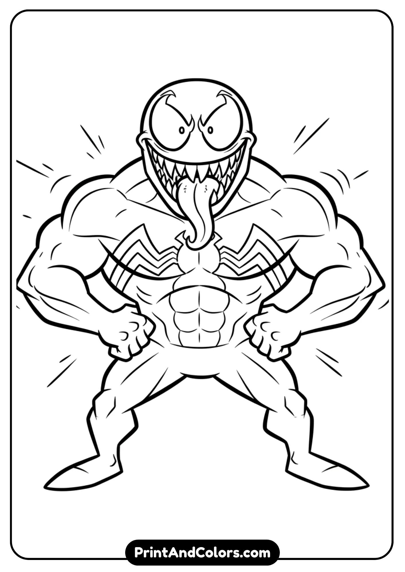 Black-and-white cartoon-style Venom making a funny superhero pose, exaggerated smile, arms on hips, looking silly but powerful. Simplified outlines for kids