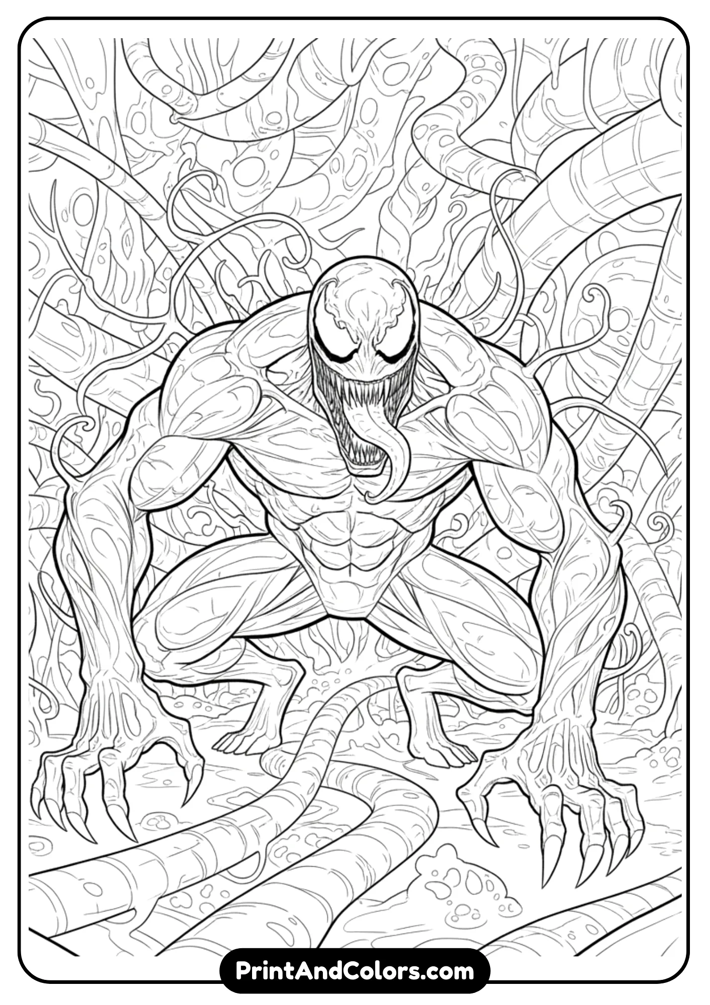 Line art of Venom inside a strange alien habitat, with organic, twisted symbiote-like structures in the background. Venom crouching in the middle with menacing posture. Clean black outlines only