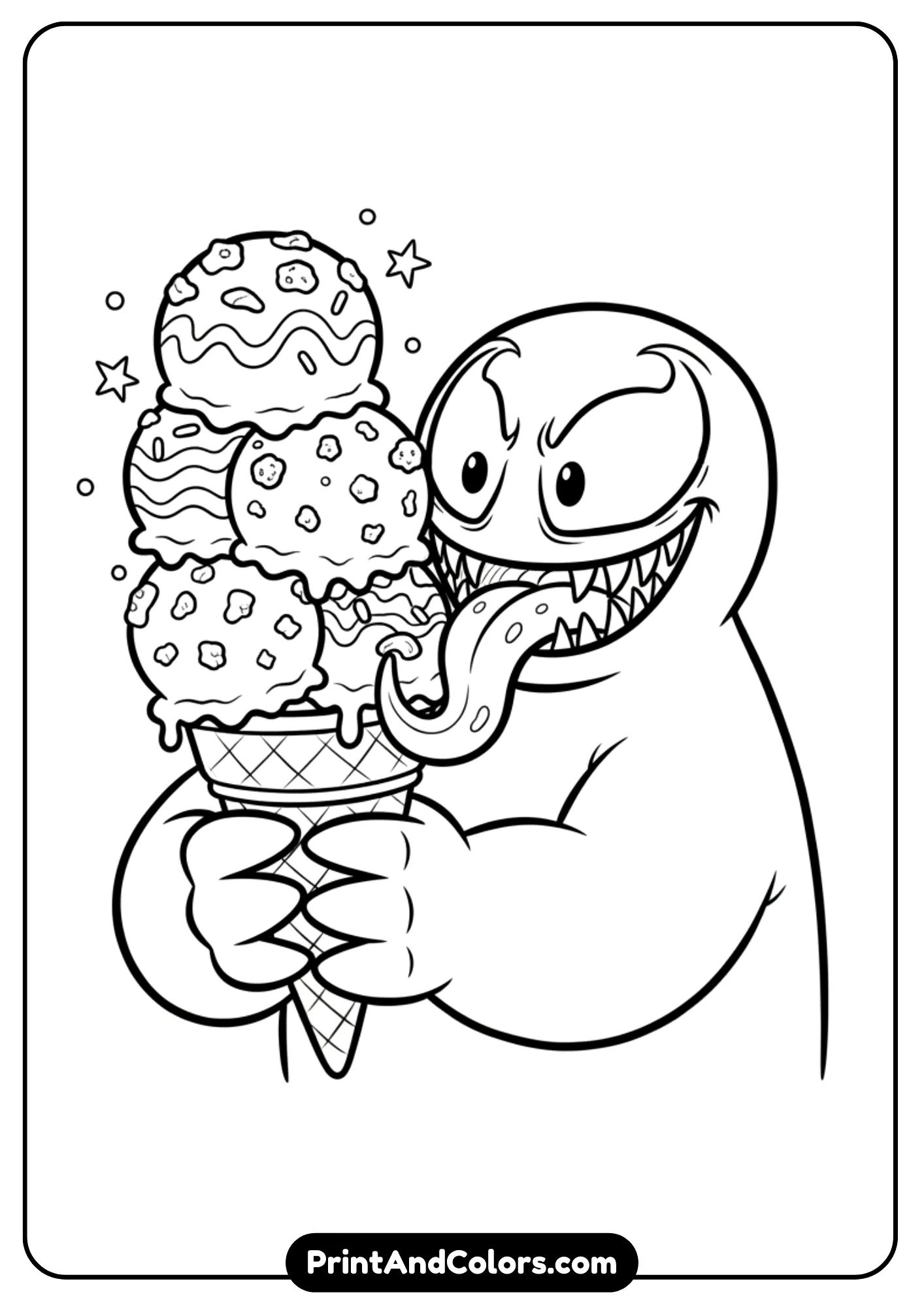 Cute line art of Venom holding an oversized ice cream cone with multiple scoops, tongue out ready to lick it. Cartoon style with clean outlines.