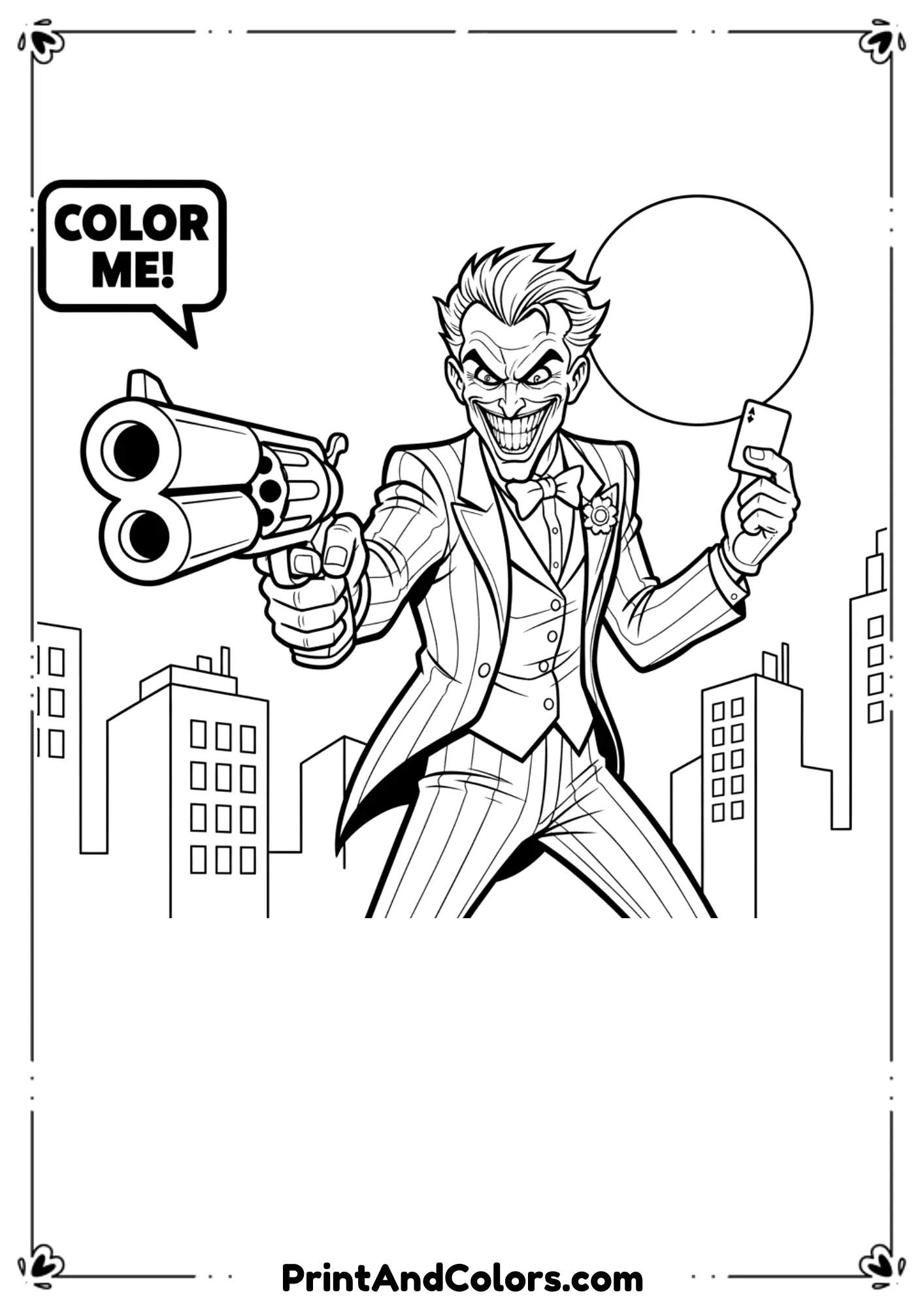 Joker in aggressive pose holding weapon, black and white line art with bold outlines.
