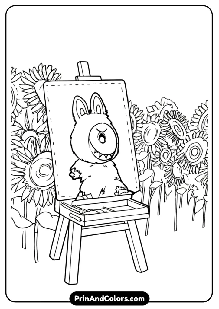 Artistic line drawing of Labubu dressed like Van Gogh, wearing a hat and holding a paintbrush.