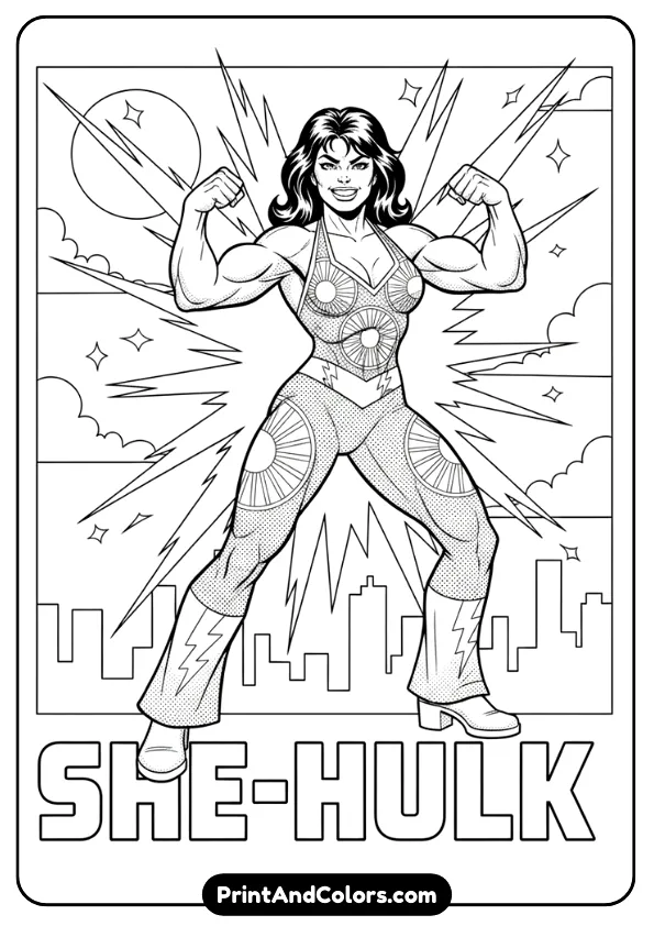 1970s comic-style She-Hulk, dramatic pose, retro outfit, halftone-style line-art (no shading), sharp outlines, classic comic look