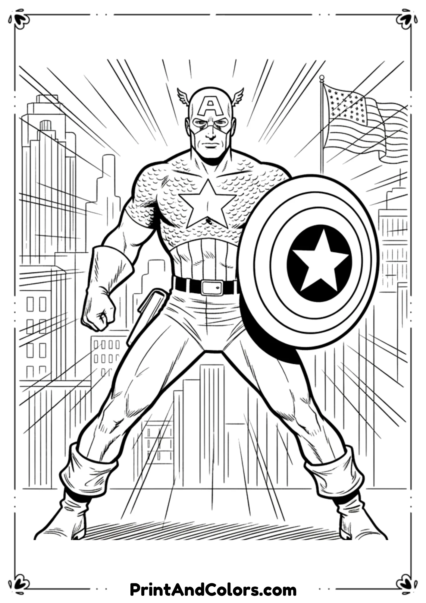 Black and white vintage-style line art of Captain America in 1940s costume with shield, retro design.
