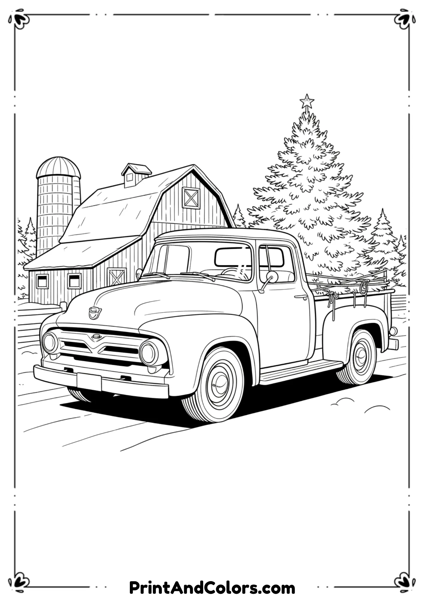  Retro pickup truck carrying a large Christmas tree in the back. Classic holiday farm style, medium detail, nostalgic atmosphere, clean line-art.
