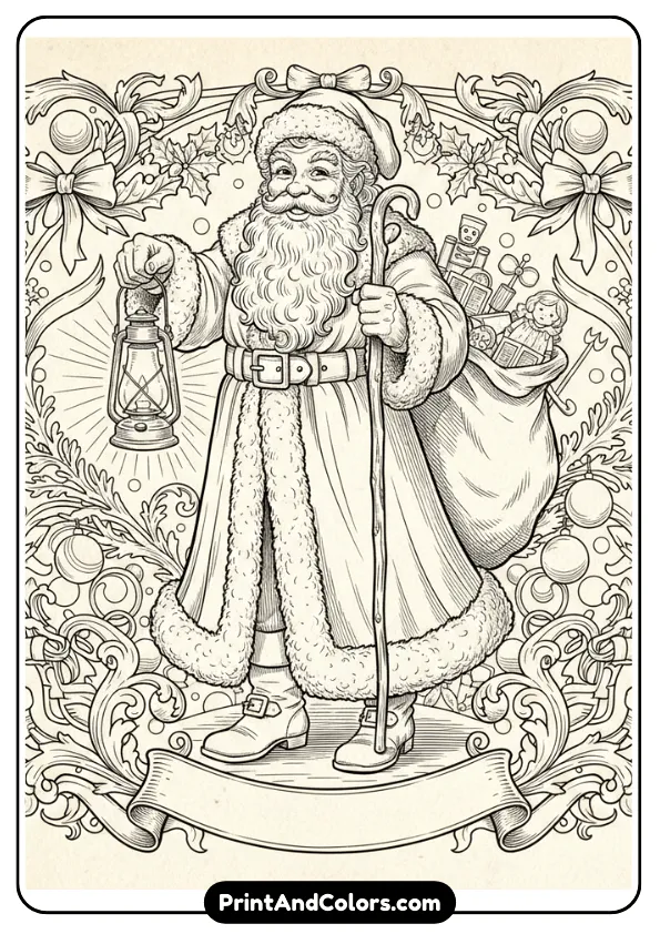 Old-fashioned vintage Santa with long coat, classic boots, and a lantern. Include old-style textures, scrollwork, and nostalgic Christmas décor