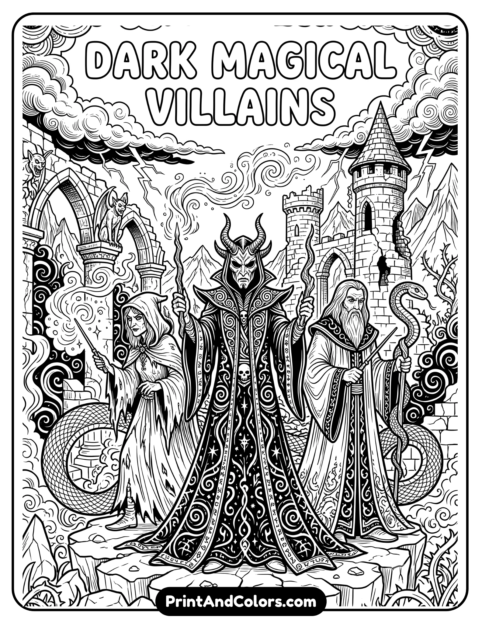 Highly detailed black and white fantasy coloring page of three dark magical villains standing dramatically together with flowing robes and wands. Include serpents, gothic ruins, magical smoke, storm clouds, and dark decorative fantasy patterns. Intricate adult coloring book line art style