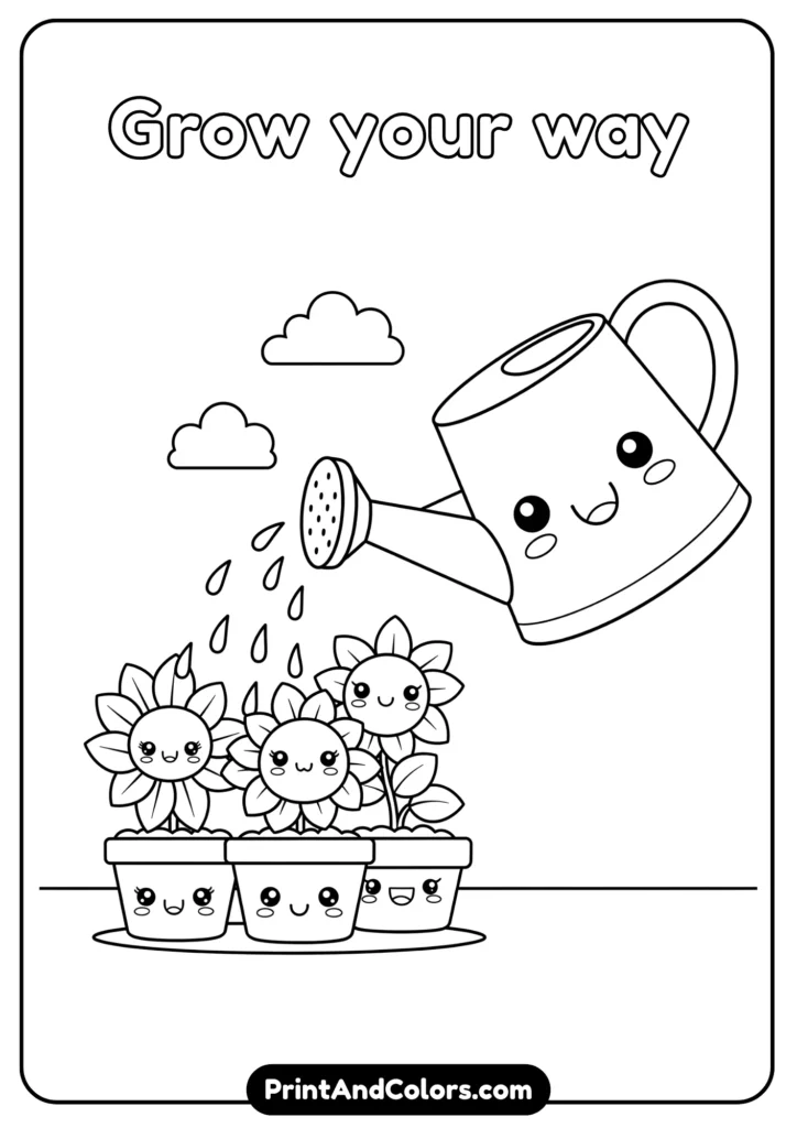 Black and white kawaii watering can with a smiling face, pouring water on cute plants with happy faces.