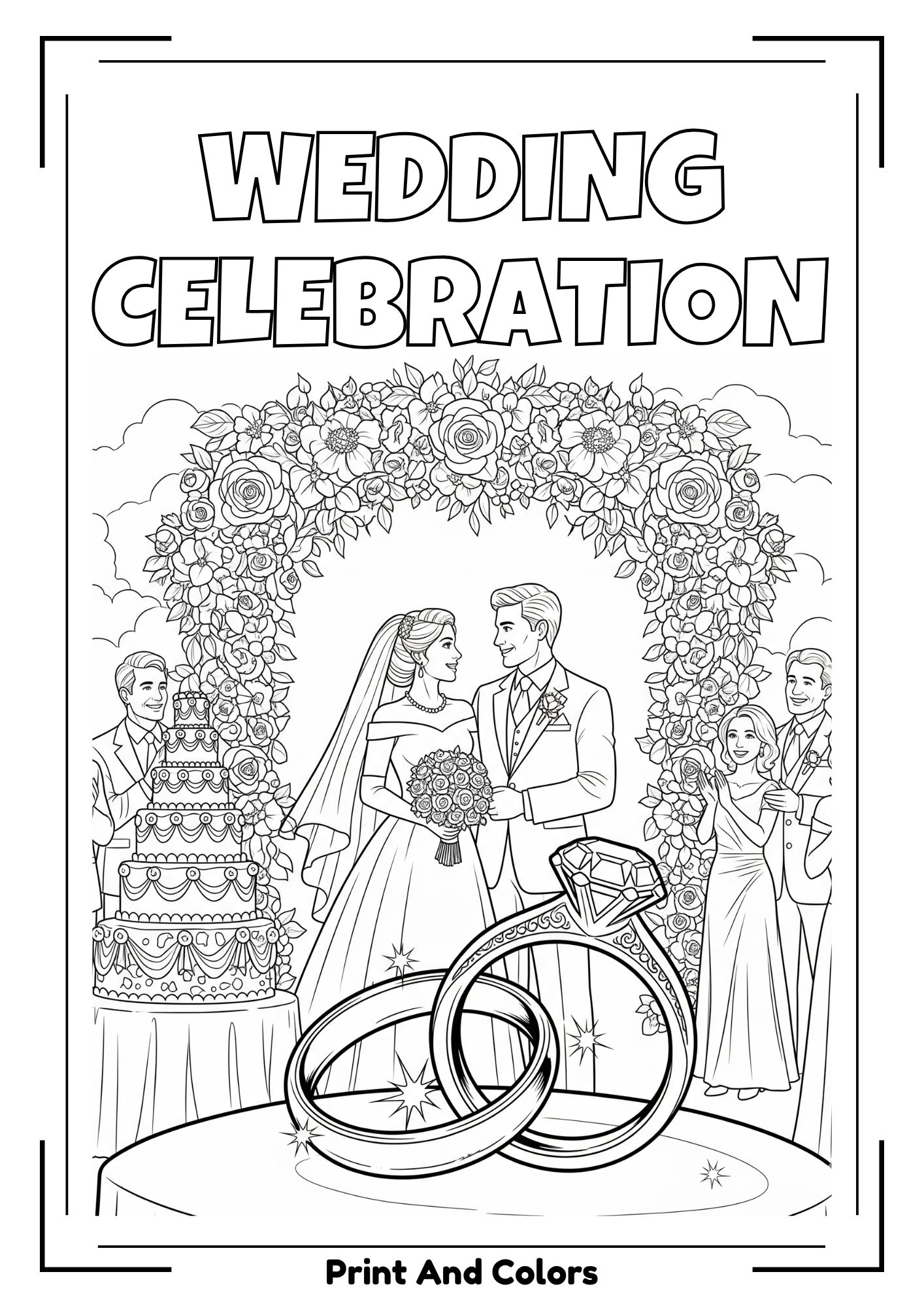 Wedding coloring page with cartoon bride, groom, and romantic ceremony elements