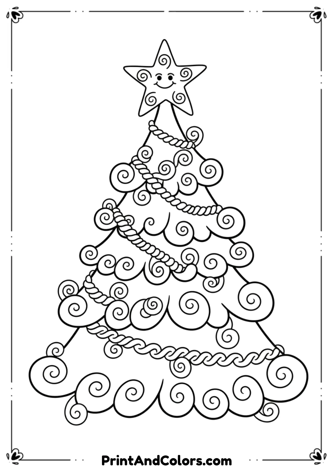  Cute whimsical Christmas tree with spiral branches, swirly ornaments, curly decorations, playful star, cartoon style. Fun imaginative line-art with clean lines.
