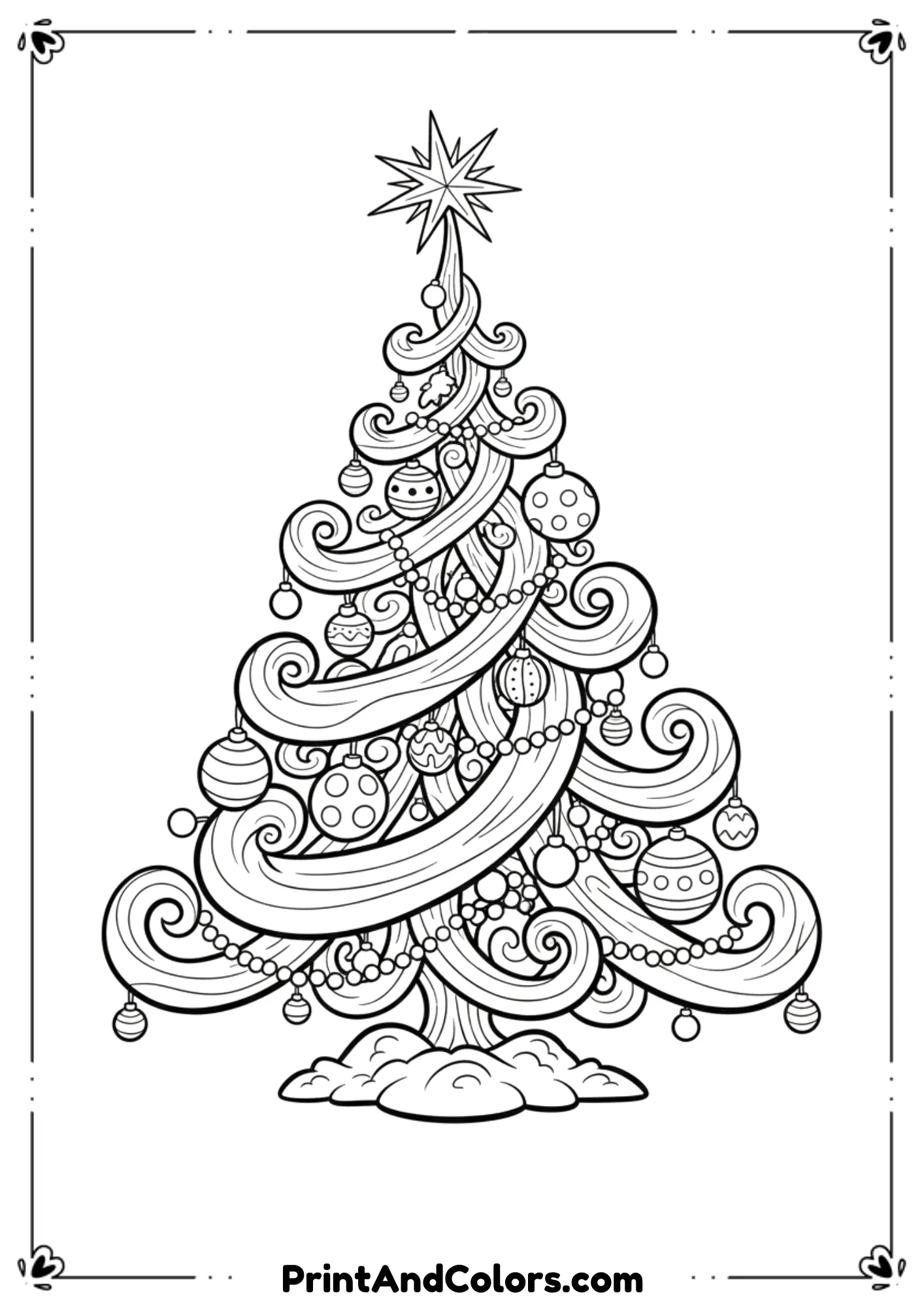 Whimsical Dr. Seuss-inspired (non-copyright) wavy, curly Christmas tree with exaggerated swirls and playful ornaments. Fun fantasy style with bold cartoon lines.
