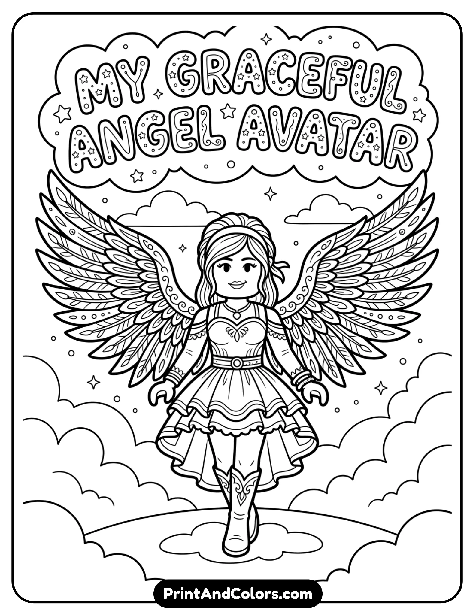 Roblox avatar with large angel wings spread out, standing gracefully, simple clouds in background, clean bold outlines