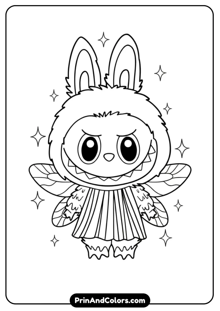 Black and white drawing of Labubu with fantasy-style wings and crown, standing gracefully.