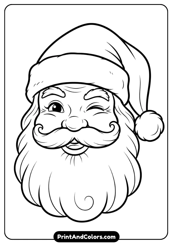 Close-up Santa face with one eye winking playfully. Add beard lines, hat, and soft curves. Clean outline