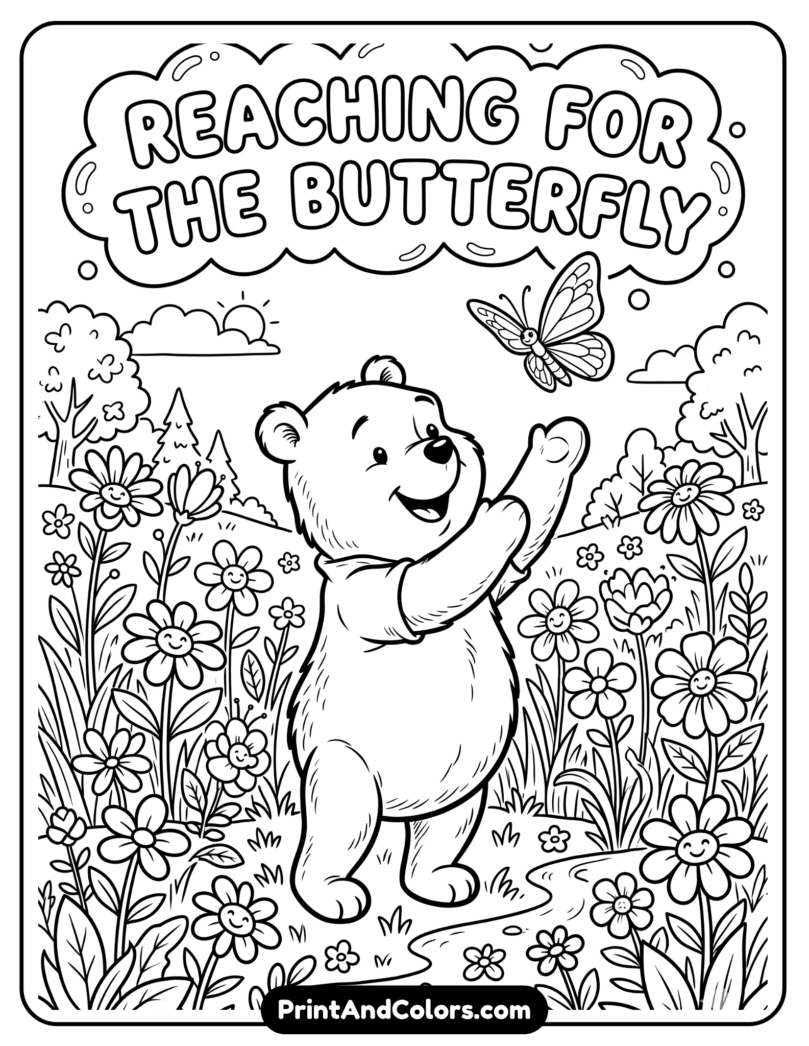 Black and white coloring page of Winnie the Pooh reaching toward a butterfly with playful excitement, butterfly flying above flowers and grass, cheerful cartoon style with bold outlines