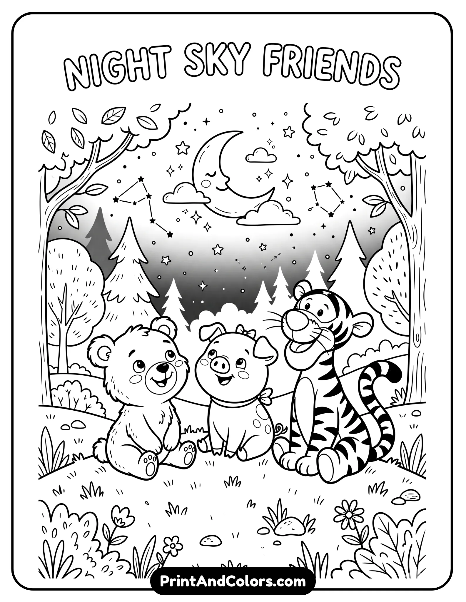 Night themed coloring page showing Pooh, Piglet, and Tigger sitting together looking up at a sky full of stars and a crescent moon, gentle nighttime forest background, calm cartoon line art for coloring pages