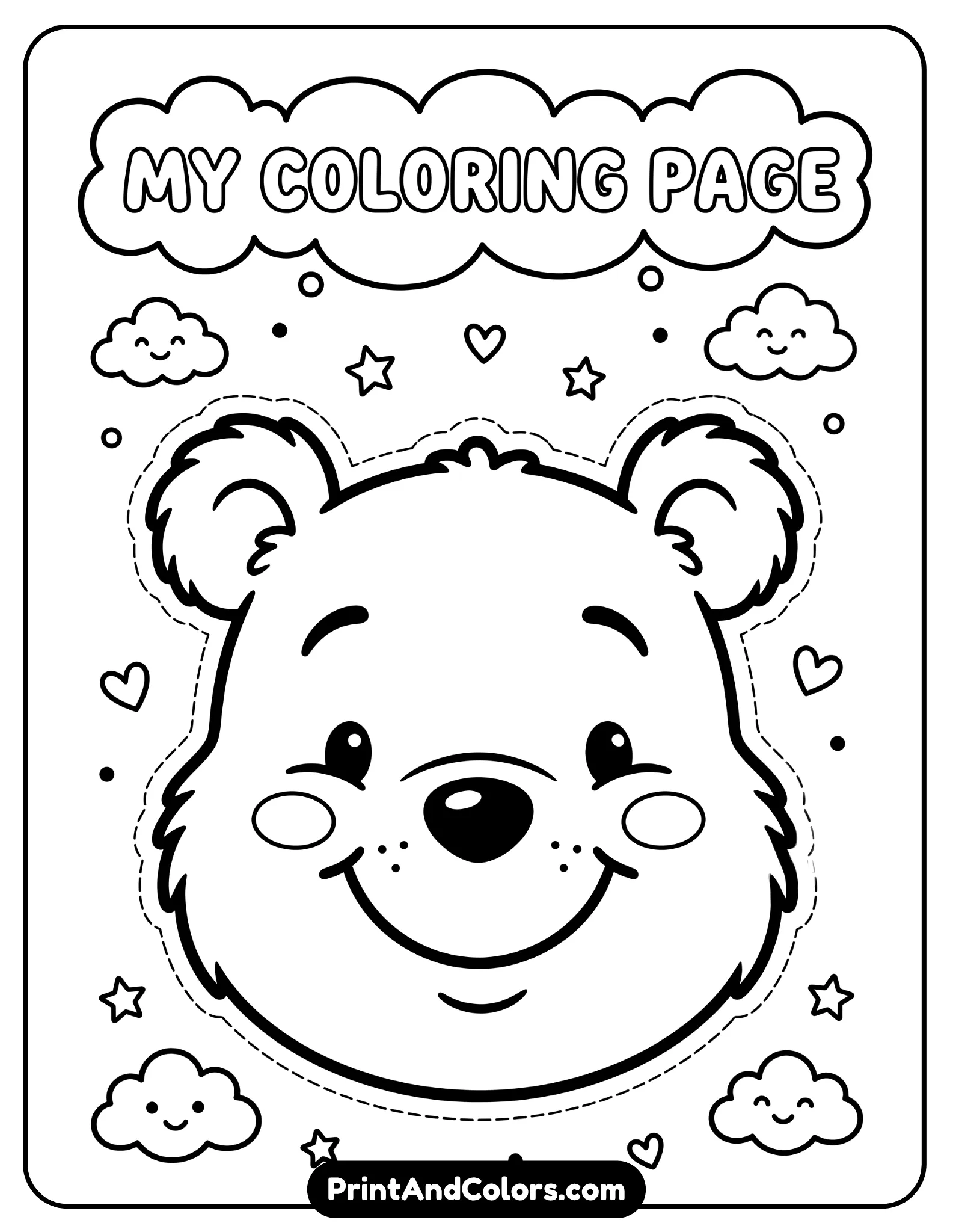 Simple black and white coloring page featuring a large close-up of Winnie the Pooh’s smiling face, rounded ears and friendly expression, thick outlines designed for easy coloring