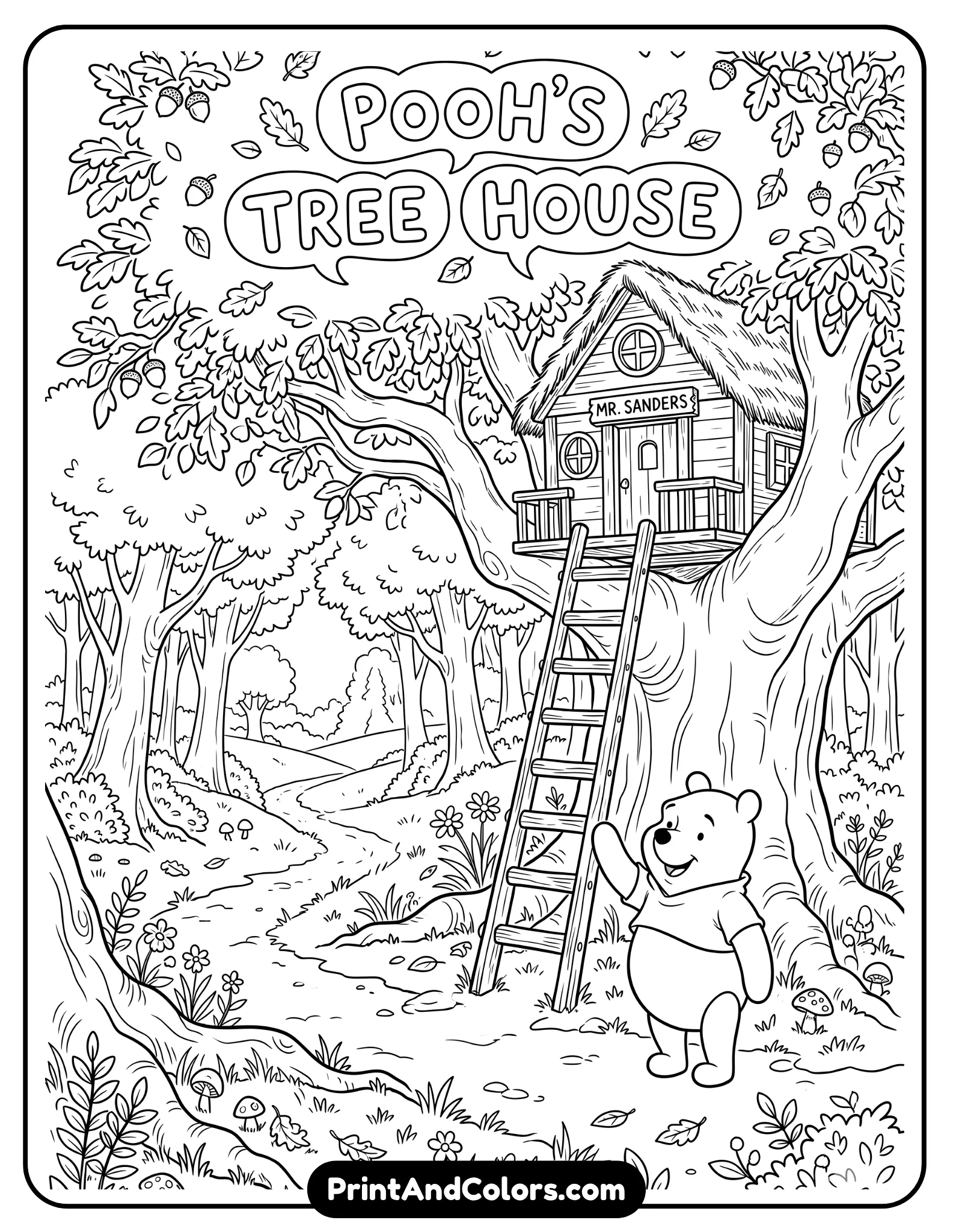 Black and white coloring page of Pooh’s tree house in the Hundred Acre Wood, Winnie the Pooh standing near the entrance, wooden ladder, leafy tree branches, forest details, classic storybook line art