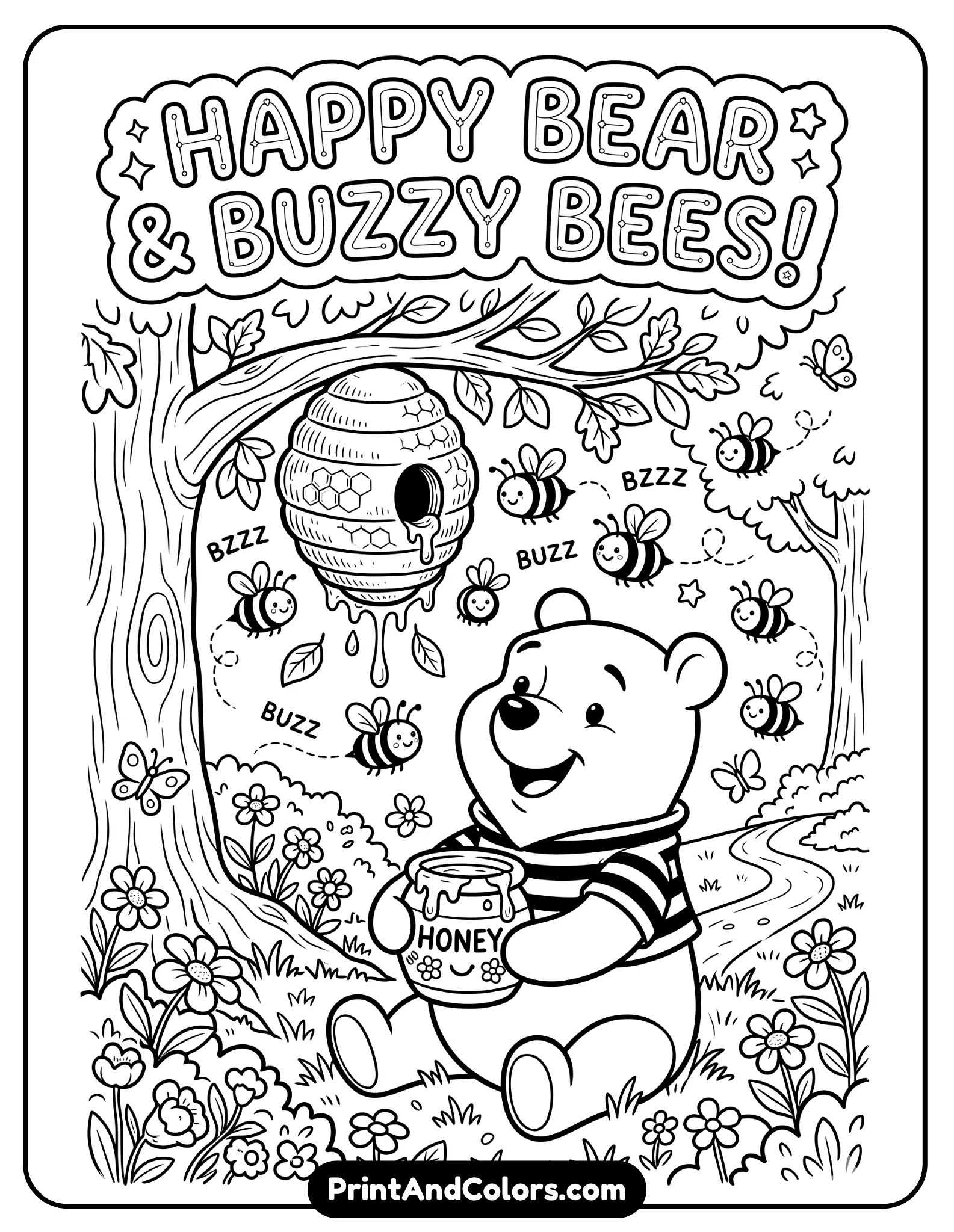 Black and white coloring page of Winnie the Pooh looking up at bees while holding a honey pot, bees buzzing playfully around, honey dripping from a hive on a tree branch, cheerful cartoon line art