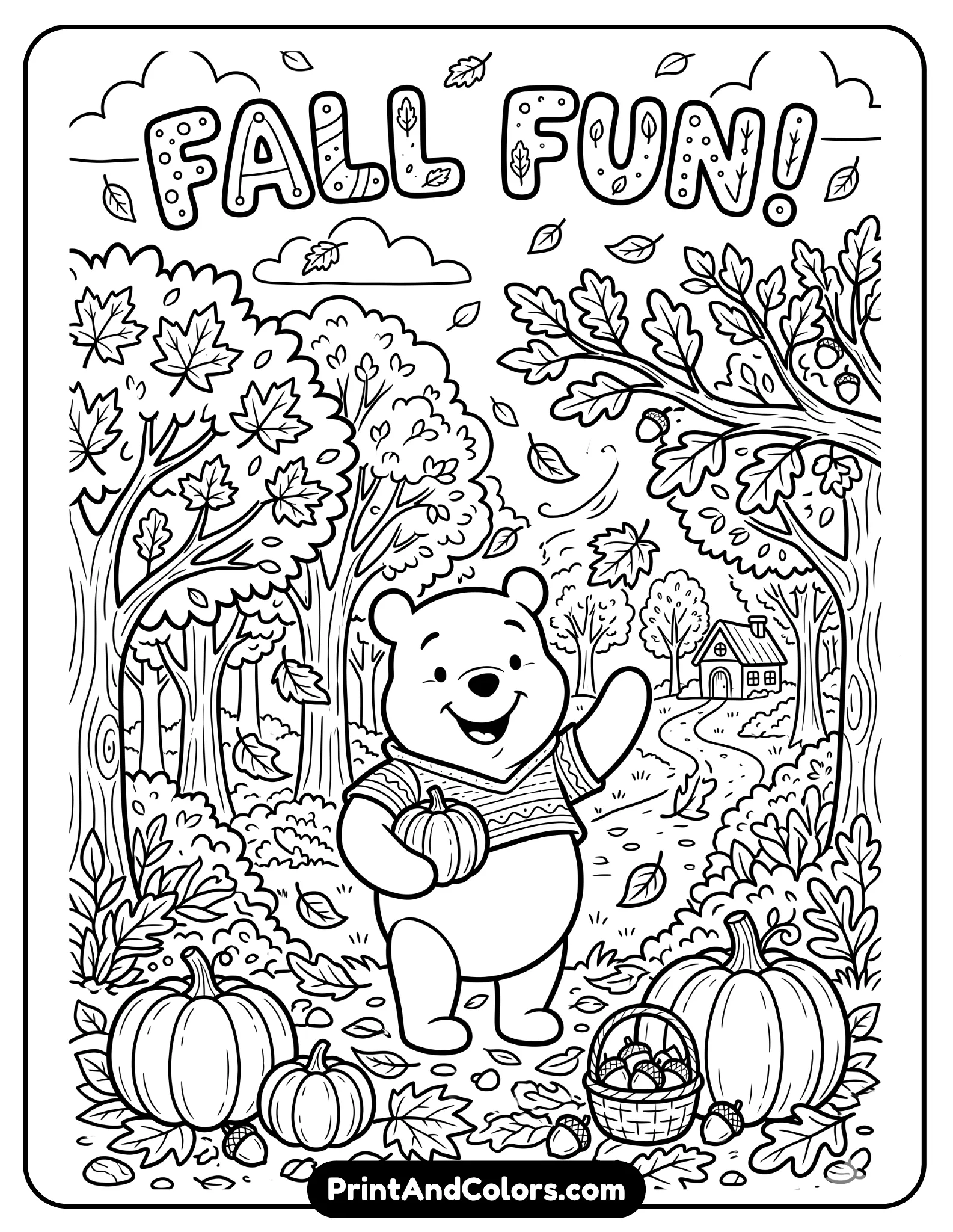 Autumn themed coloring page of Winnie the Pooh standing among falling leaves, trees with autumn foliage, pumpkins and leaves on the ground, cheerful cartoon style with bold coloring outlines