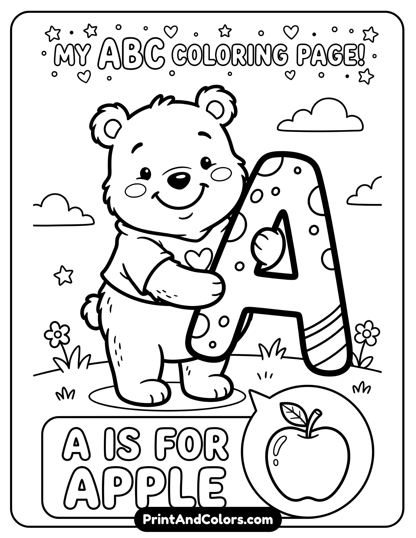 Black and white coloring worksheet featuring Winnie the Pooh holding a large alphabet letter beside him, simple educational layout, smiling character with minimal background, thick outlines for children learning letters