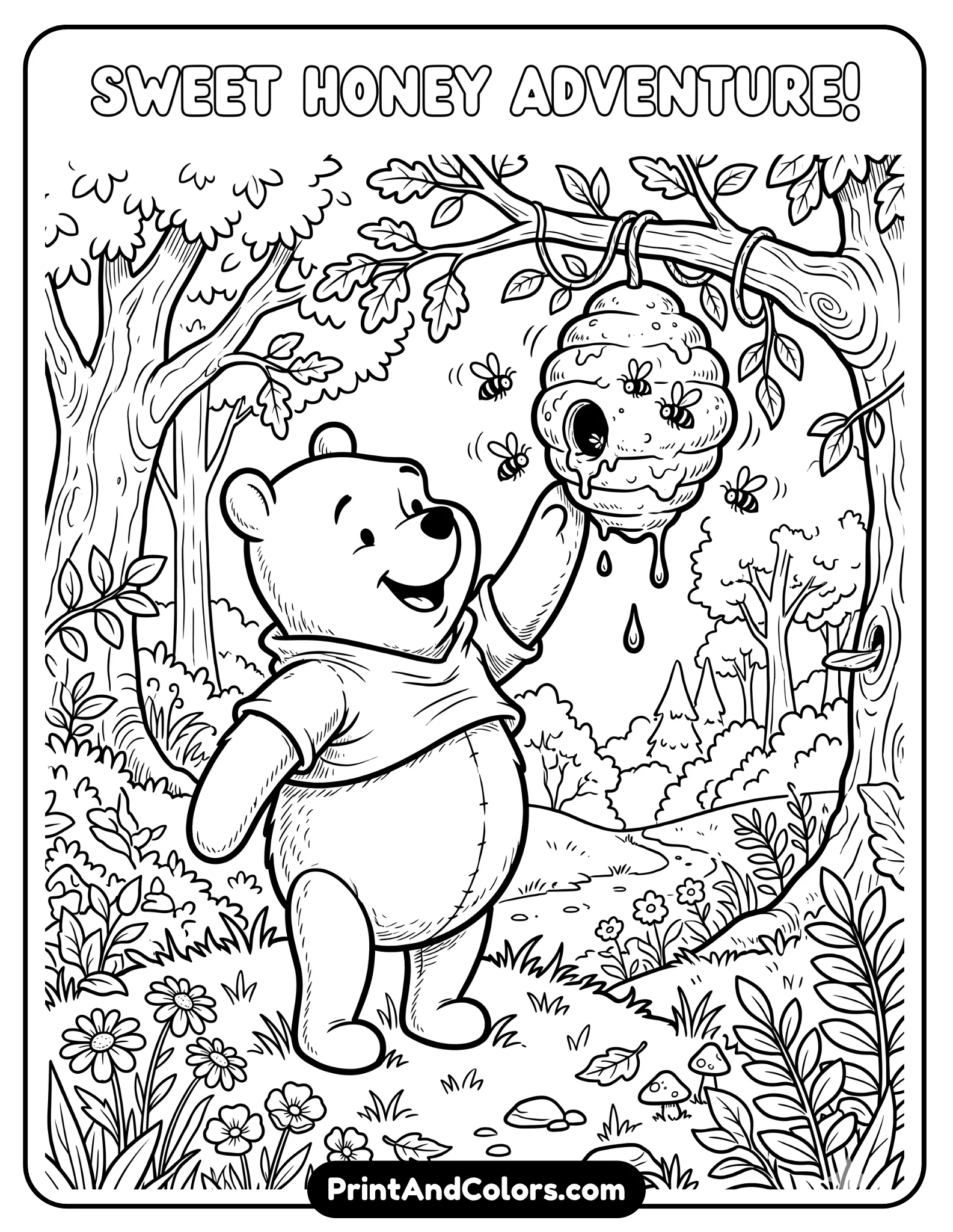 Black and white coloring page of Winnie the Pooh reaching toward a hanging beehive on a tree branch, bees flying around, honey dripping slightly, playful adventure scene, forest background with trees and flowers, bold clean outlines for coloring books.