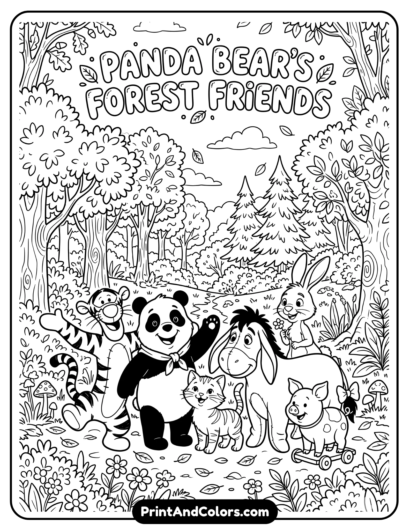 Black and white group coloring page featuring Winnie the Pooh with Piglet, Tigger, Eeyore, and Rabbit standing together in the forest, trees and bushes behind them, cheerful expressions, classic cartoon style, detailed but clean line art, balanced composition for printable coloring