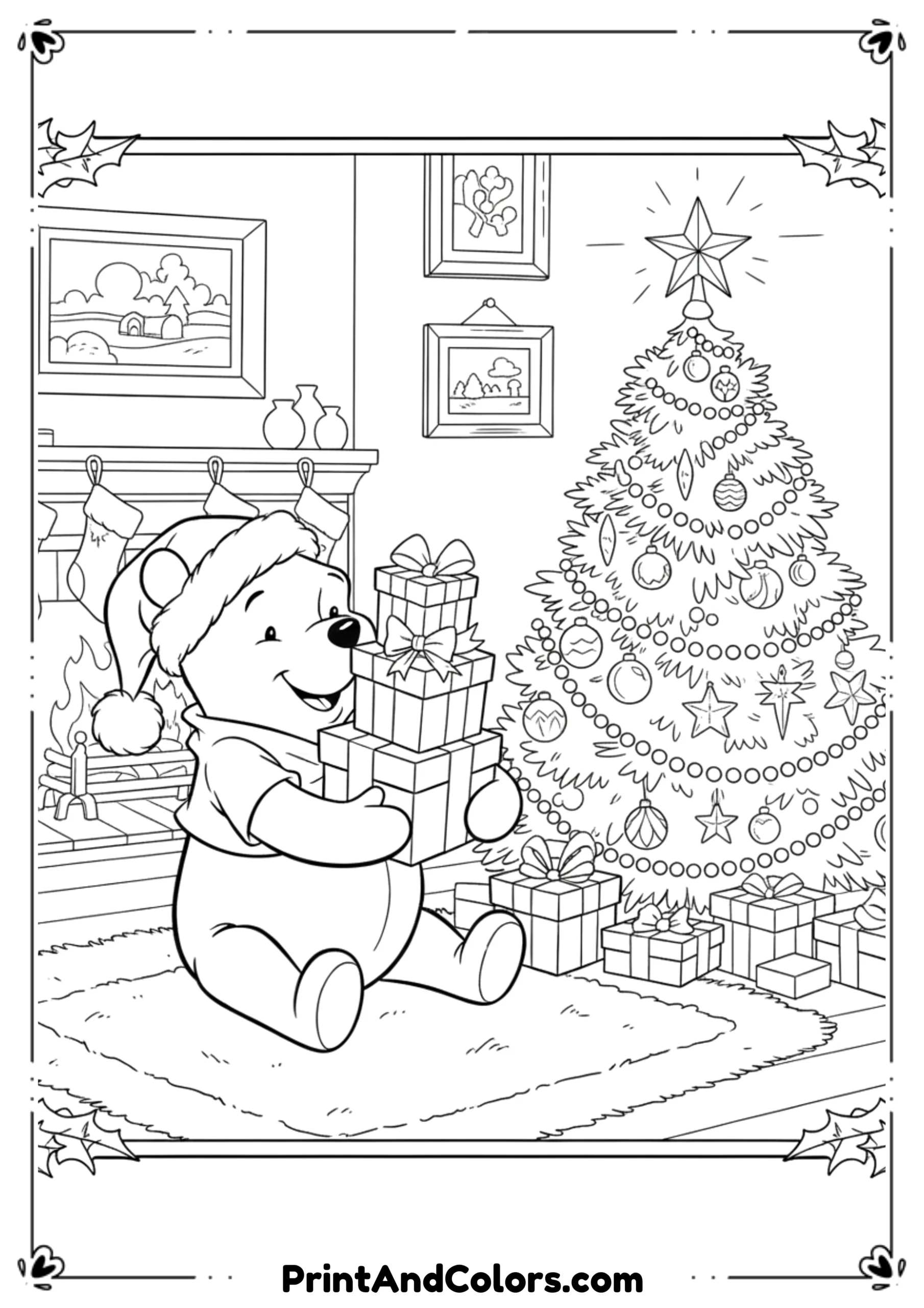 Line art of Winnie the Pooh wearing a Santa hat, holding presents beside a decorated Christmas tree.
