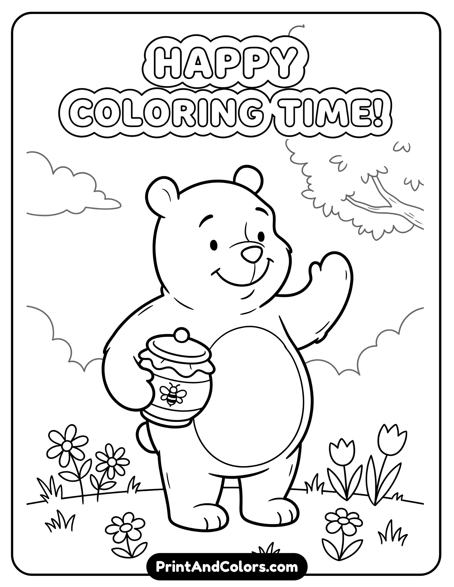 Black and white line art coloring page of Winnie the Pooh standing happily with his round belly and friendly smile, simple cartoon style, holding a small honey pot beside him, clean bold outlines, minimal shading, large open spaces for easy coloring, classic children's storybook illustration style, centered character, white background, printable kids coloring page, no color, no grayscale, simple background with grass and a few flowers