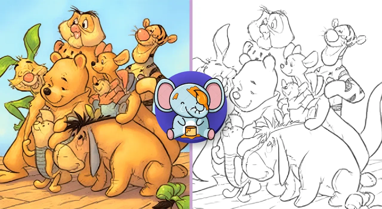 Black and white coloring book cover style illustration featuring Winnie the Pooh sitting happily with a honey pot while Piglet, Tigger, and Eeyore stand around him smiling, surrounded by flowers, bees, and trees from the Hundred Acre Wood, playful cartoon style, bold clean outlines, large coloring spaces, kid-friendly design, printable coloring page style, white background, no shading or grayscale. Add large bold title text at the top: “60+ Winnie the Pooh Coloring Page