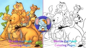 Black and white coloring book cover style illustration featuring Winnie the Pooh sitting happily with a honey pot while Piglet, Tigger, and Eeyore stand around him smiling, surrounded by flowers, bees, and trees from the Hundred Acre Wood, playful cartoon style, bold clean outlines, large coloring spaces, kid-friendly design, printable coloring page style, white background, no shading or grayscale. Add large bold title text at the top: “60+ Winnie the Pooh Coloring Pages”.