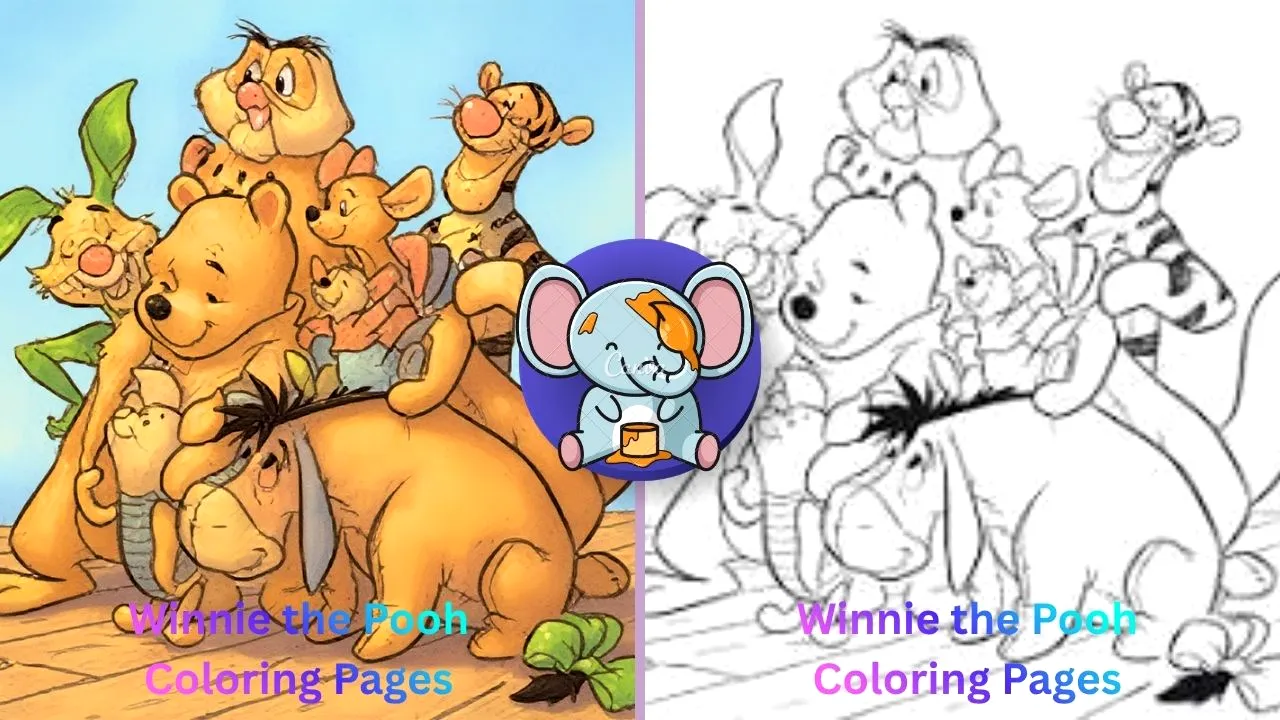 Black and white coloring book cover style illustration featuring Winnie the Pooh sitting happily with a honey pot while Piglet, Tigger, and Eeyore stand around him smiling, surrounded by flowers, bees, and trees from the Hundred Acre Wood, playful cartoon style, bold clean outlines, large coloring spaces, kid-friendly design, printable coloring page style, white background, no shading or grayscale. Add large bold title text at the top: “60+ Winnie the Pooh Coloring Pages”.