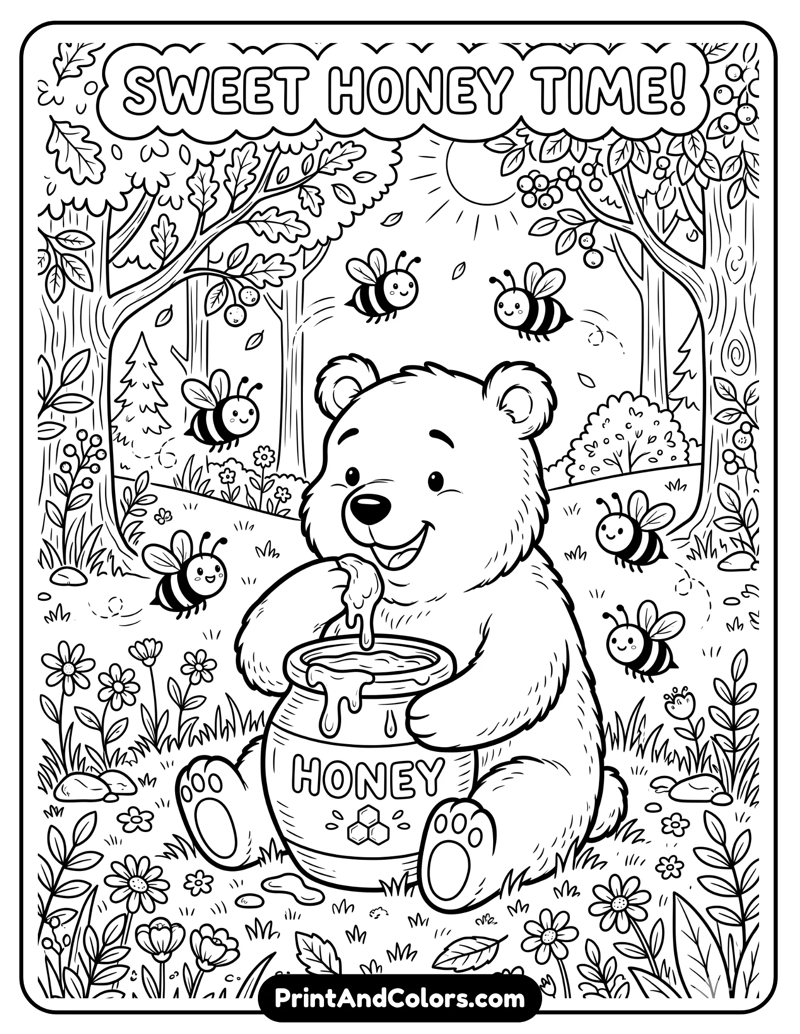 Detailed black and white coloring page of Winnie the Pooh sitting on the ground happily eating honey directly from a large honey pot, honey dripping slightly from the jar, bees buzzing around him playfully, cheerful forest setting with grass and flowers, bold clean outlines, cartoon storybook illustration style perfect for printable coloring sheets