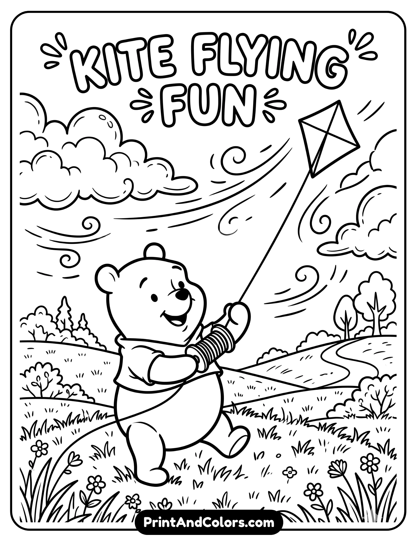Black and white coloring page of Winnie the Pooh holding a kite string while a kite flies in the sky, wind lines showing motion, grassy field and clouds in background, playful cartoon illustration style with bold coloring lines