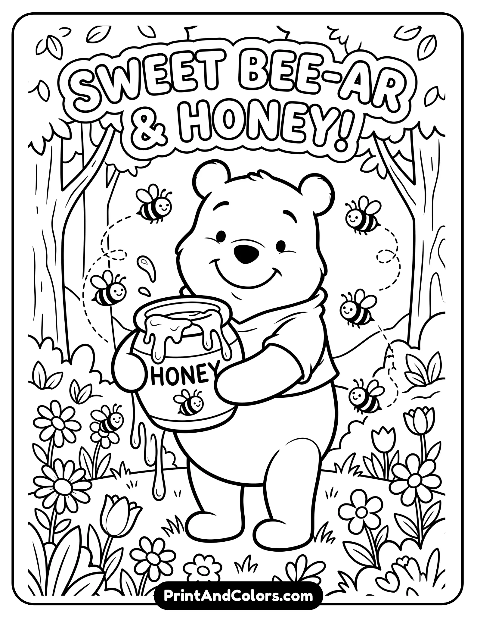 black and white coloring page of Winnie the Pooh holding a dripping honey pot with both hands, smiling sweetly, honey dripping from the jar, bees flying around playfully, bold clean outlines, simple cartoon forest background with grass and flowers, kid-friendly illustration style, large spaces for coloring, printable line art