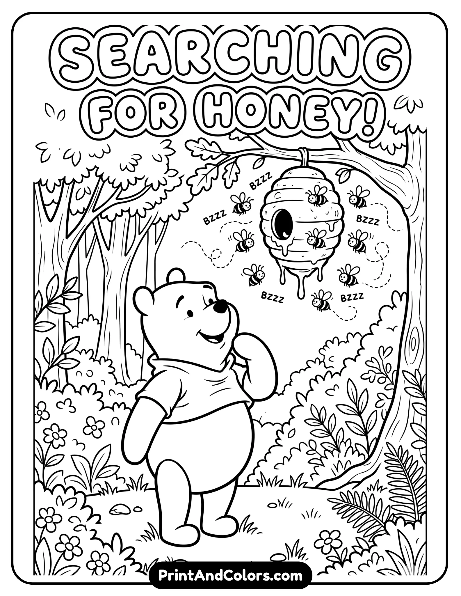 Black and white line art coloring page of Winnie the Pooh searching for honey in the forest, looking up toward a beehive hanging from a tree branch, bees buzzing around, curious expression on Pooh’s face, trees and plants around, classic children’s cartoon style with clean outlines