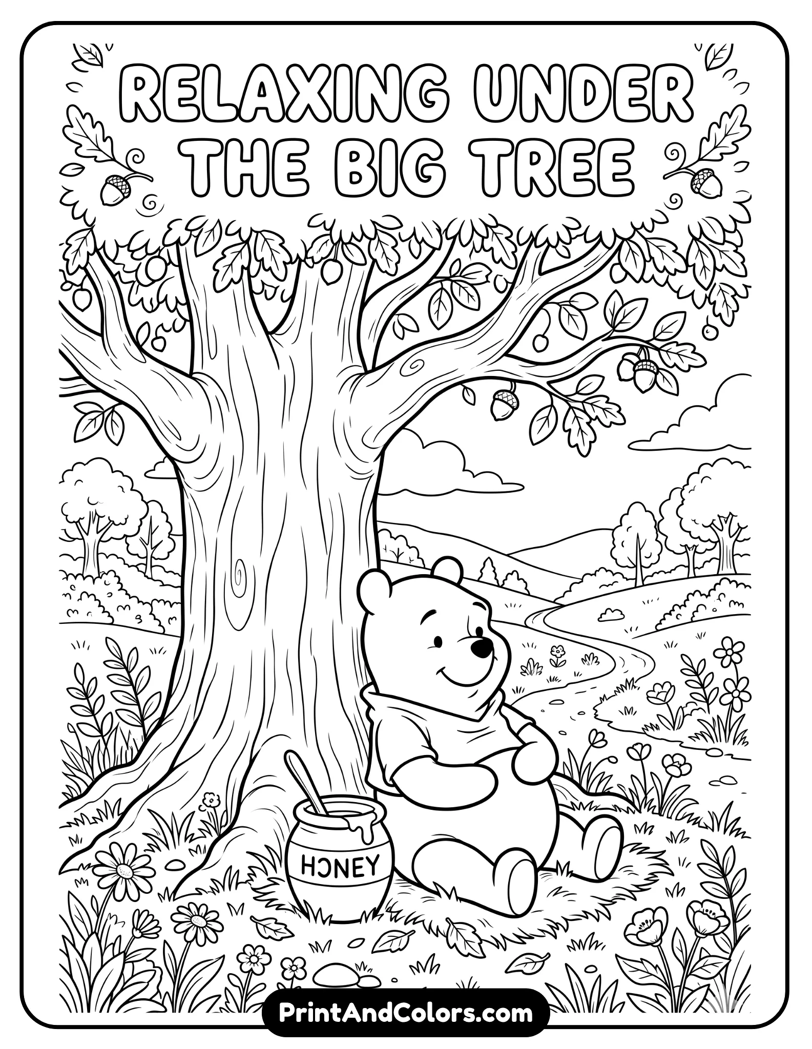 Black and white coloring page of Winnie the Pooh relaxing under a large leafy tree in the Hundred Acre Wood, sitting comfortably with a honey pot beside him, tree branches stretching above with leaves, grass and flowers around, calm woodland environment, clean cartoon line art with clear outlines for coloring.