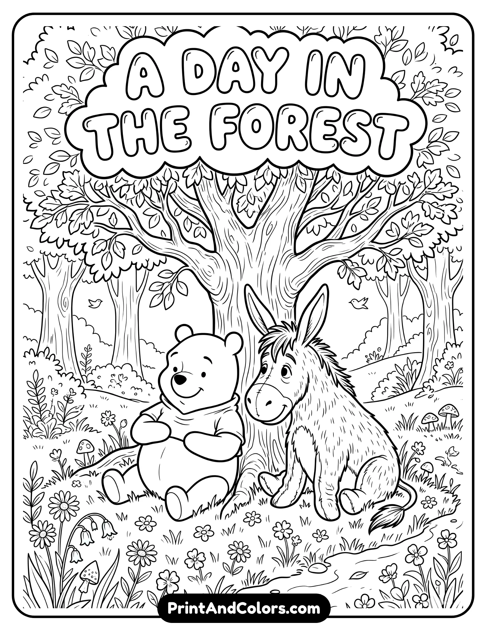Peaceful black and white coloring page of Winnie the Pooh sitting next to Eeyore under a tree, calm forest setting with grass and flowers, gentle cartoon expressions, storybook style line art for coloring