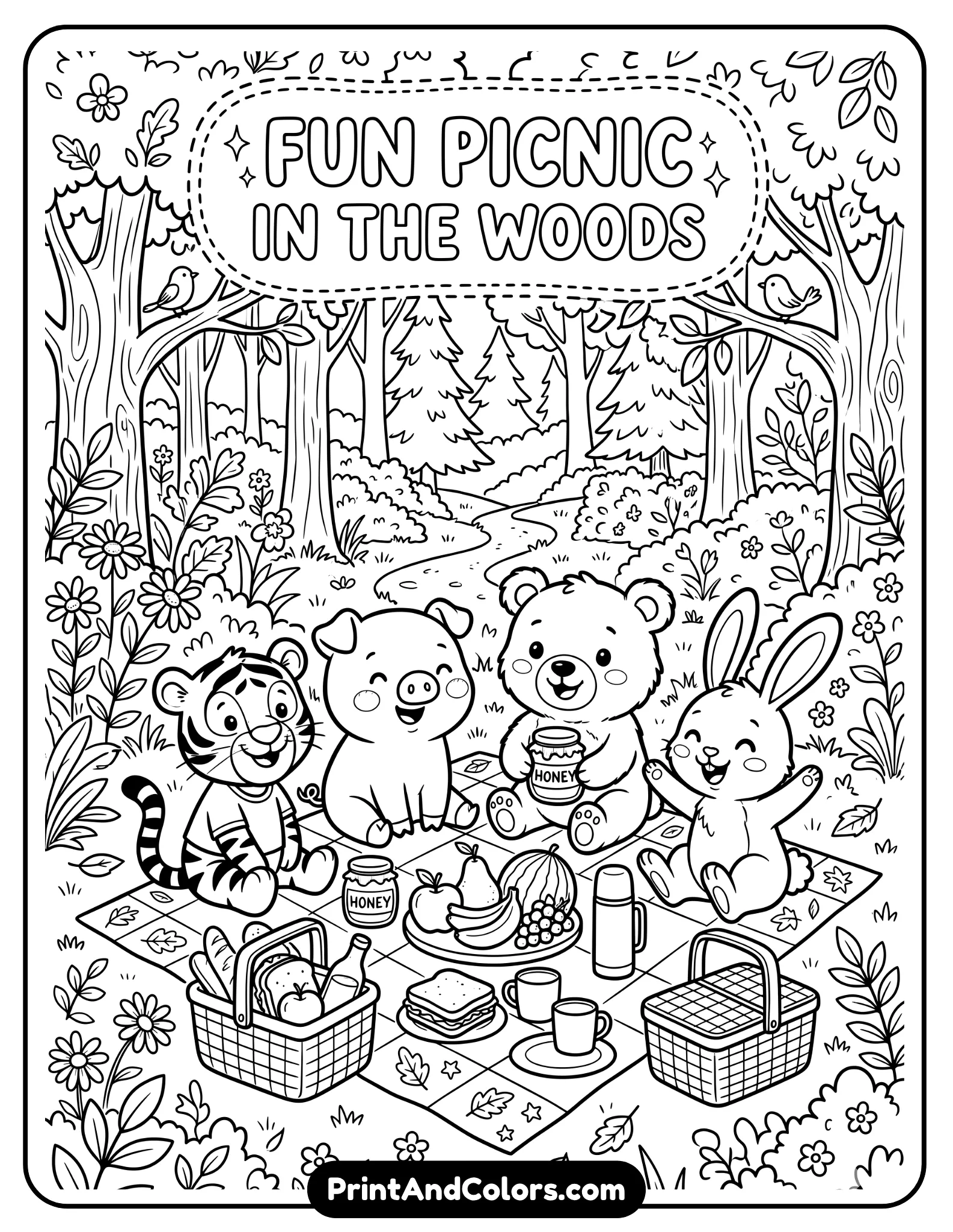 Black and white coloring worksheet showing Pooh, Piglet, Tigger, and Rabbit sitting together on a picnic blanket with food baskets, fruits and honey jars, forest background with trees and flowers