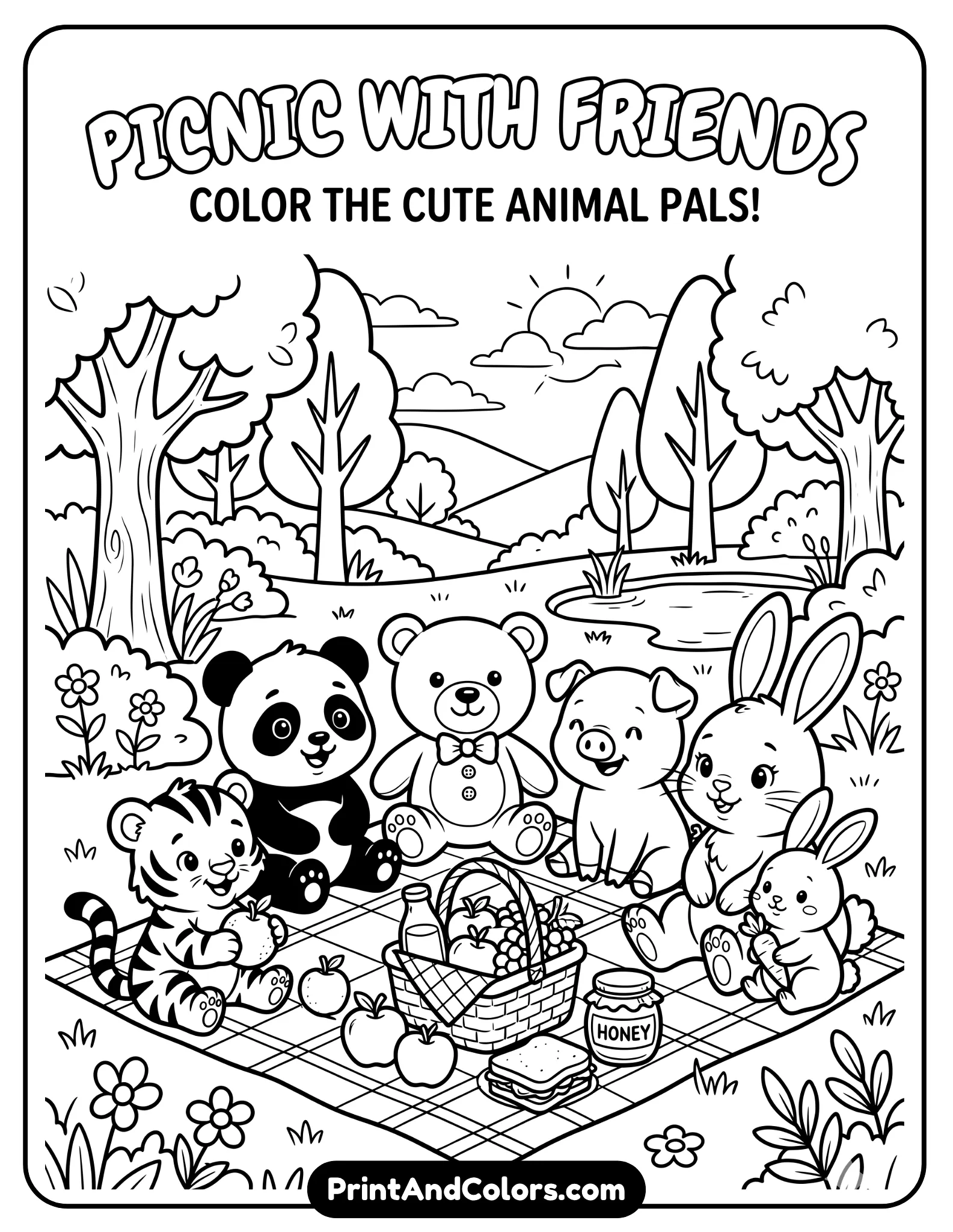 Coloring page line art of Pooh, Piglet, Tigger, and Rabbit sitting on a picnic blanket, picnic basket with fruits and honey jar, trees and flowers around, friendly cartoon expressions, bold outlines with moderate details, printable kids coloring sheet