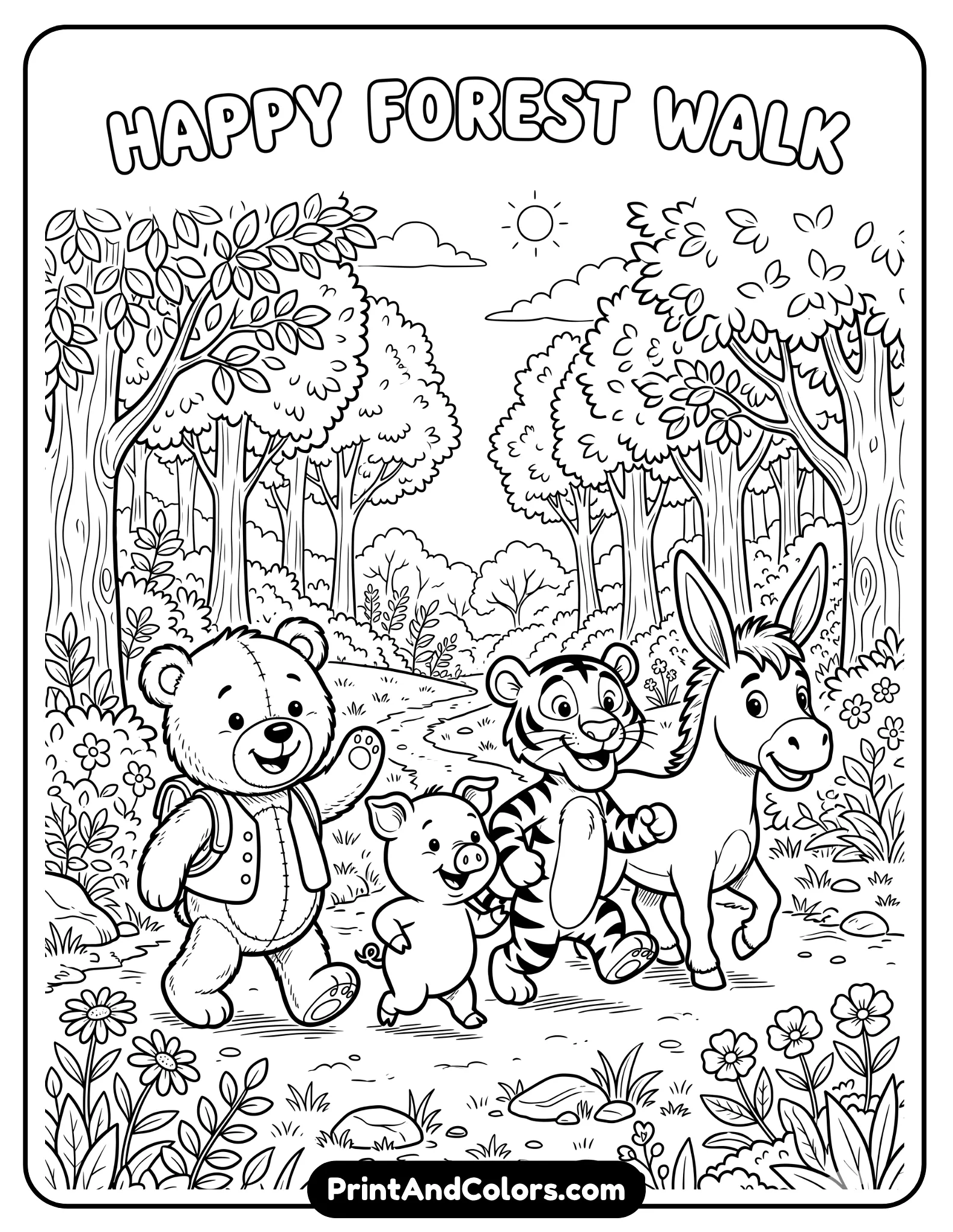 Black and white coloring page showing Winnie the Pooh walking happily along a forest path with Piglet, Tigger, and Eeyore beside him, trees and bushes of the Hundred Acre Wood around them, cheerful cartoon expressions, detailed but clean line art for printable coloring pages