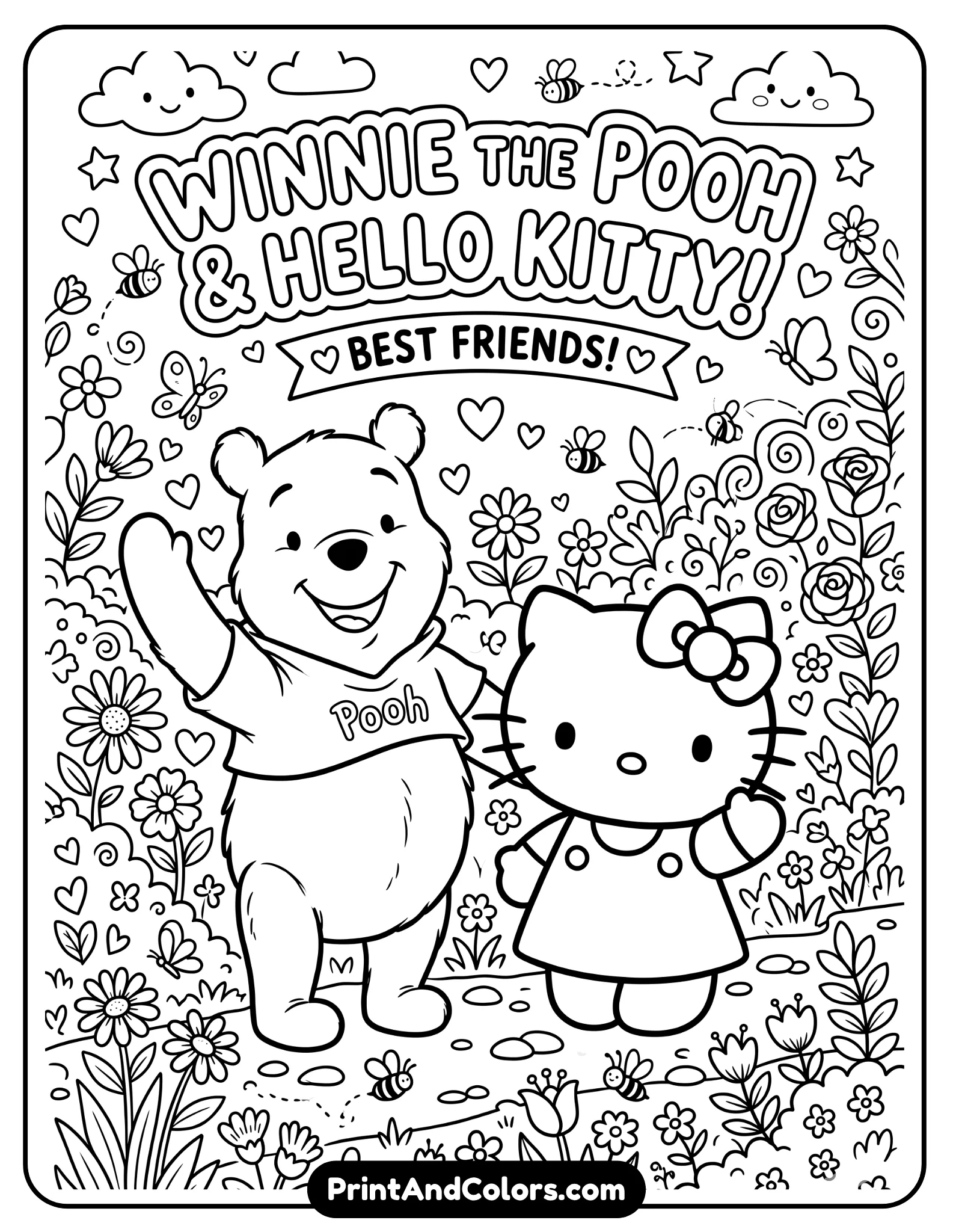 Cute black and white coloring page showing Winnie the Pooh standing next to Hello Kitty, both smiling and waving, playful friendship scene with hearts, flowers, and butterflies around them, cartoon crossover illustration style with bold clean outlines suitable for coloring pages