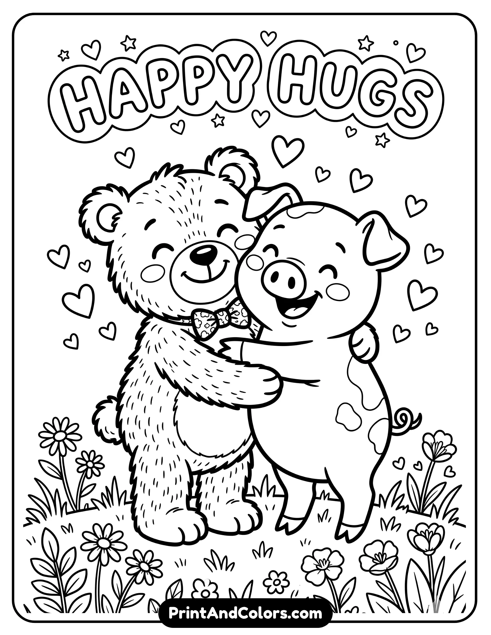 Heartwarming black and white coloring page of Winnie the Pooh and Piglet hugging each other happily, smiling expressions, small hearts floating around them, simple grassy ground with flowers, classic cartoon illustration style with thick outlines for kids coloring pages