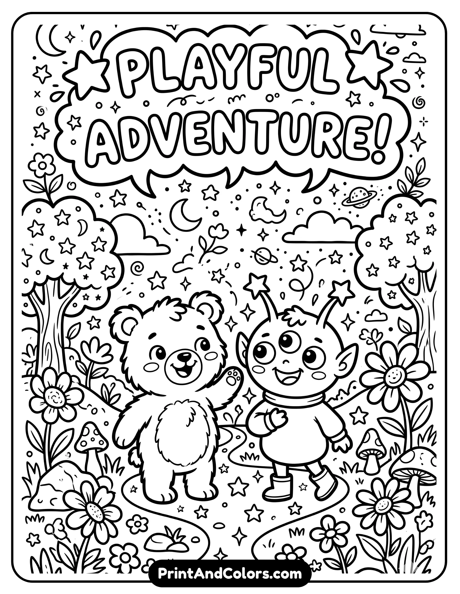 Fun black and white coloring page featuring Winnie the Pooh standing beside Stitch from Lilo and Stitch, both smiling mischievously, playful adventure theme with stars and flowers around them, cartoon crossover illustration style, thick bold outlines perfect for coloring