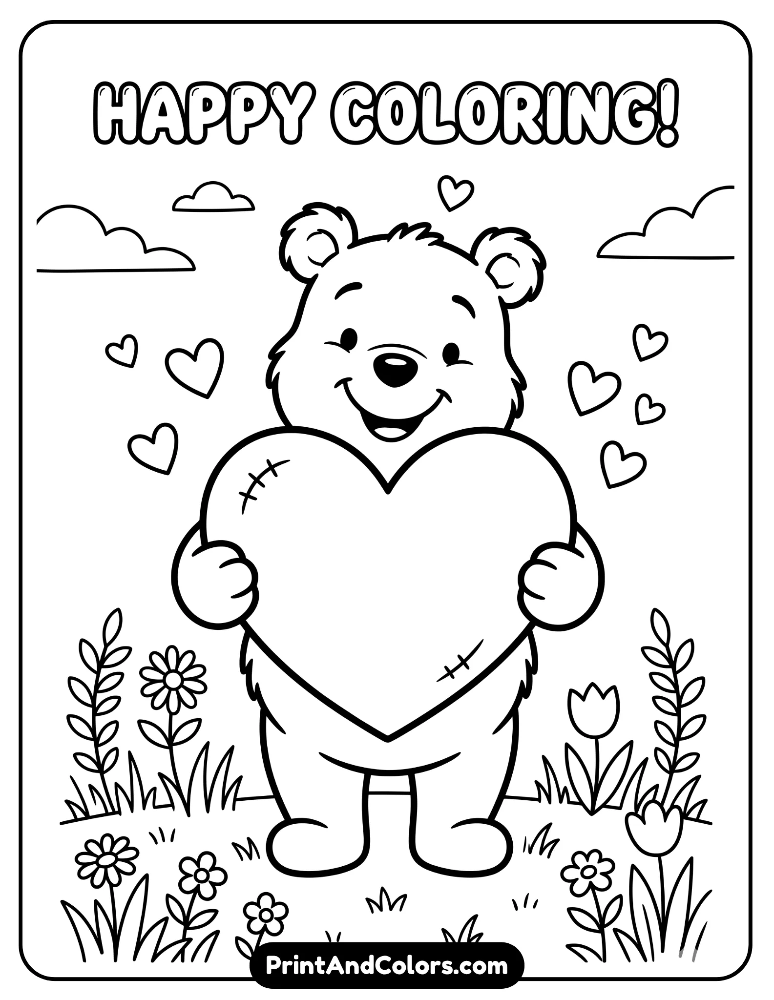 Black and white printable coloring worksheet featuring Winnie the Pooh holding a large heart shape with both hands, smiling sweetly, small hearts floating around, simple background with grass and flowers, bold lines and large spaces perfect for kids coloring