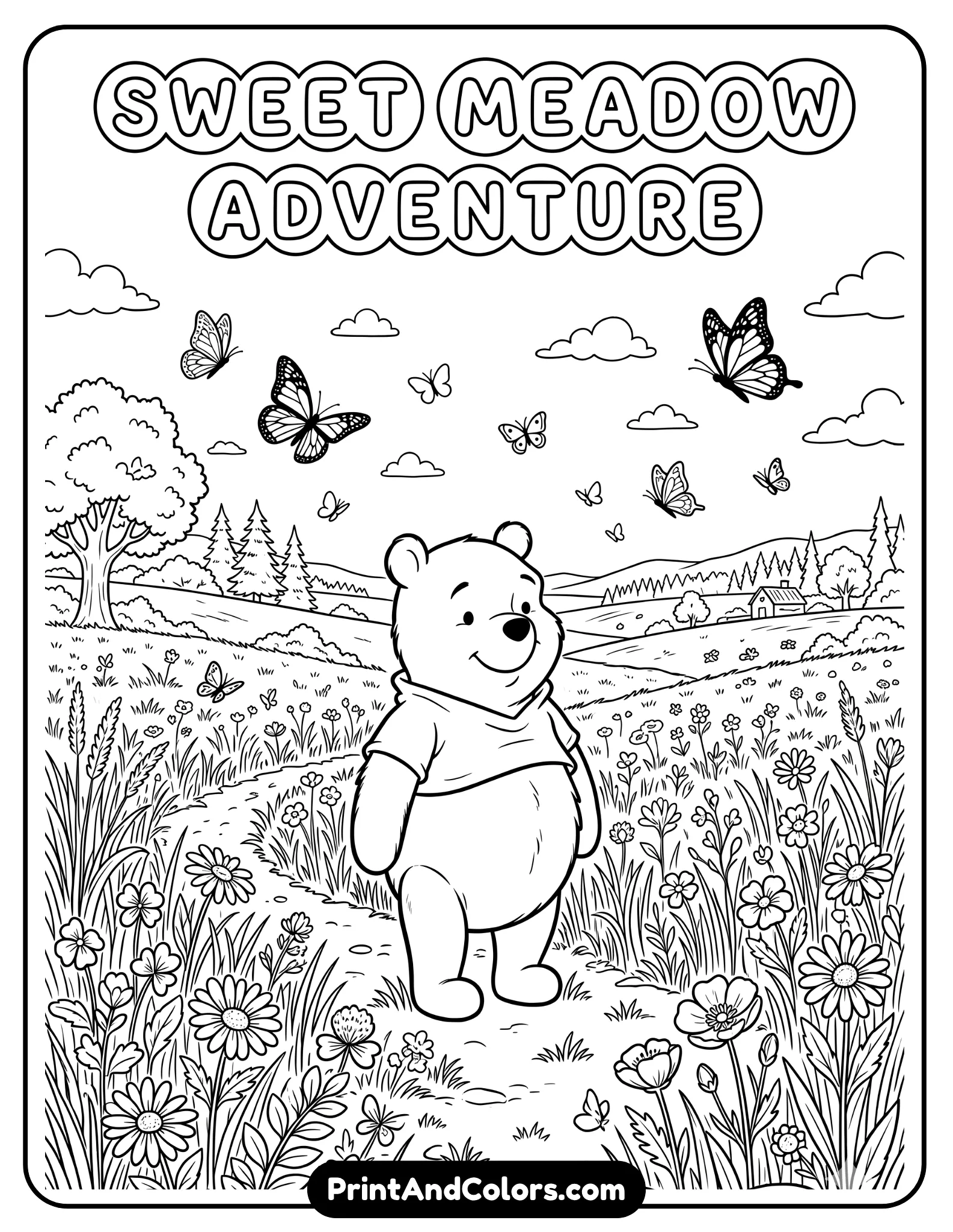 Black and white line art coloring page showing Winnie the Pooh standing peacefully in a wide meadow, tall grass, flowers, butterflies and small clouds in the sky, cheerful cartoon style with clean bold outlines