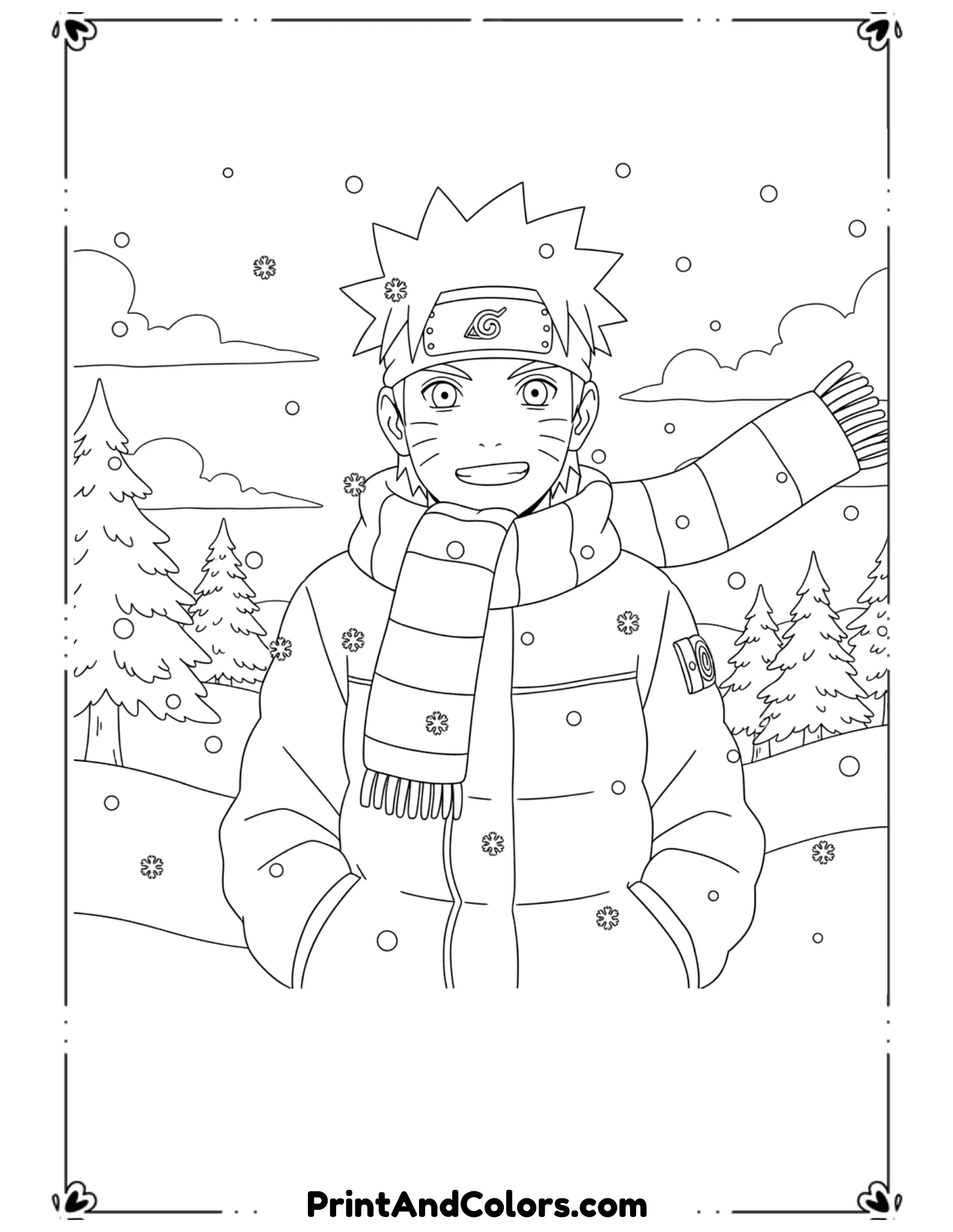  Illustrate Naruto dressed warmly with scarf and jacket, surrounded by falling snowflakes. Friendly smile. Simple winter background. Black and white line art, no shading.

