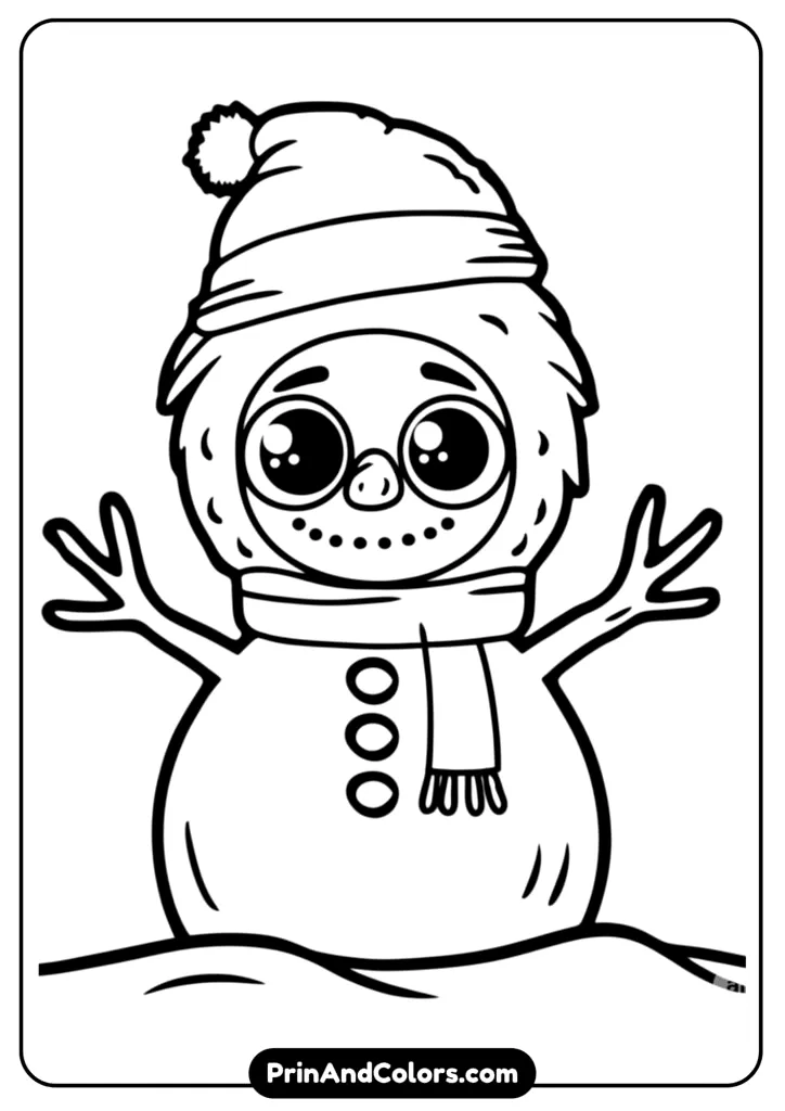 Labubu as a snowman with a cozy scarf and winter hat, surrounded by snowflakes in black and white coloring page format.